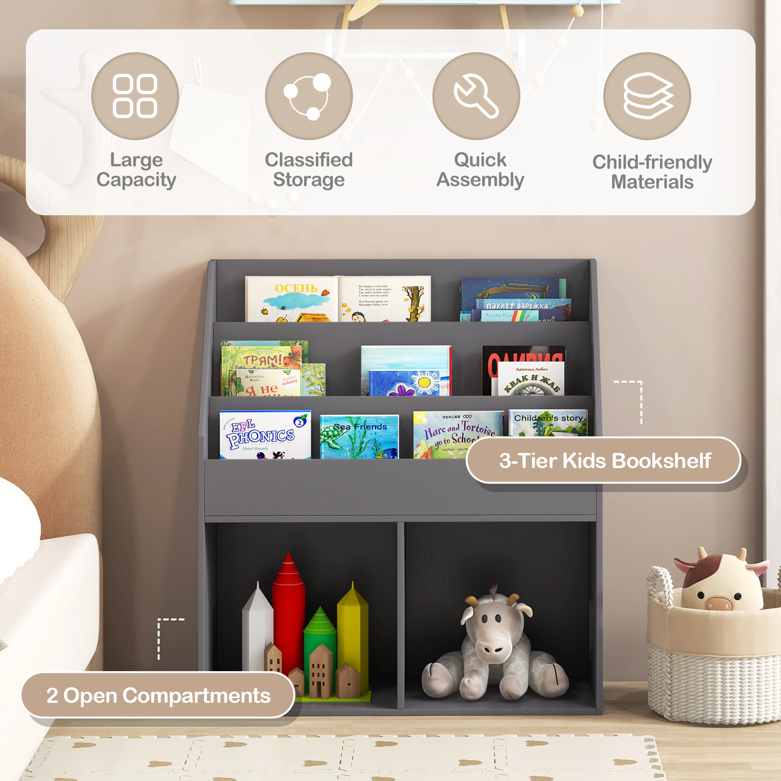Hivvago Wooden Children’s Bookshelf with Storage
