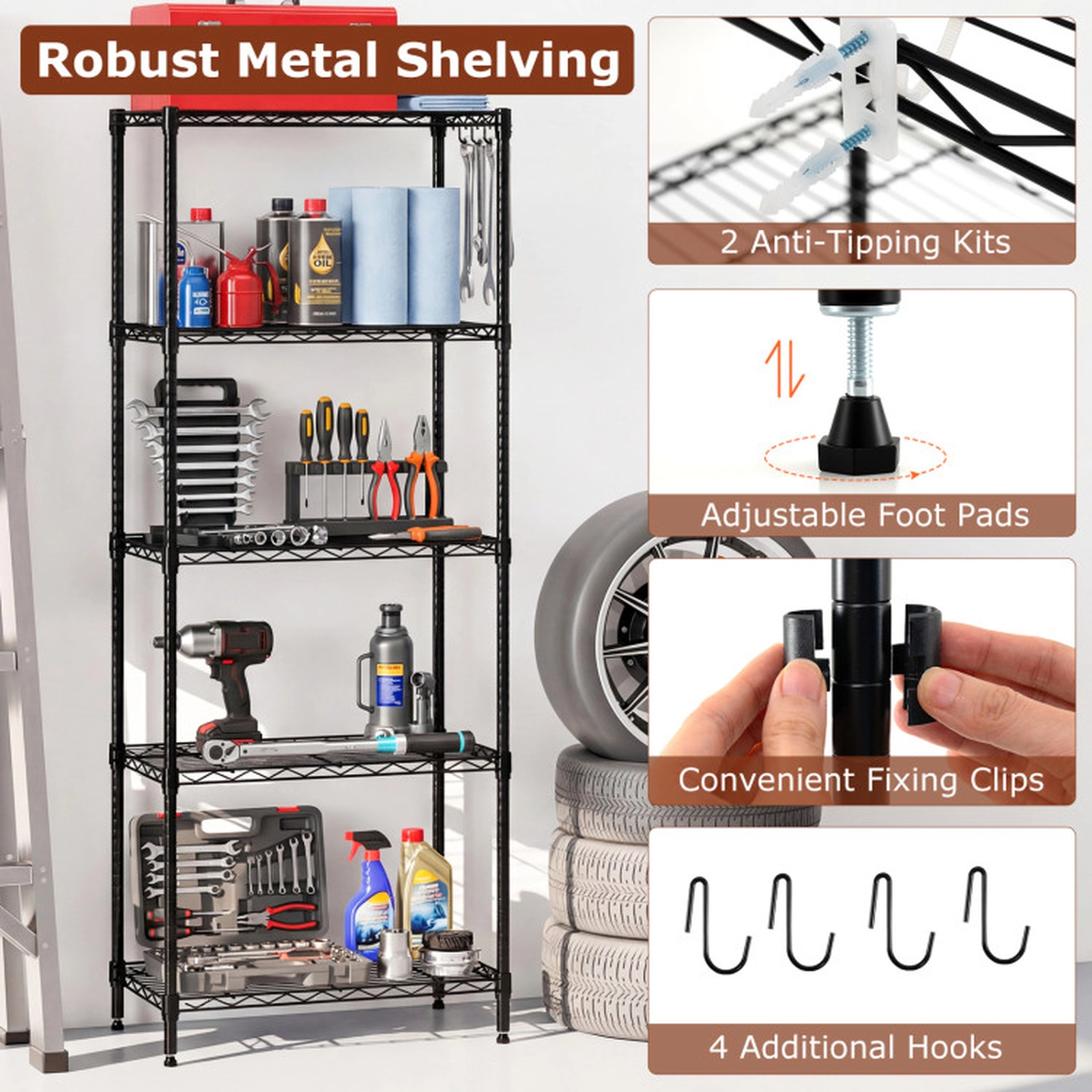 SUGIFT 5-Tier Adjustable V-Shaped Wire Rack Metal Storage Shelving 23.5-in x 13.5-in x 60-in 750-lb Capacity Black