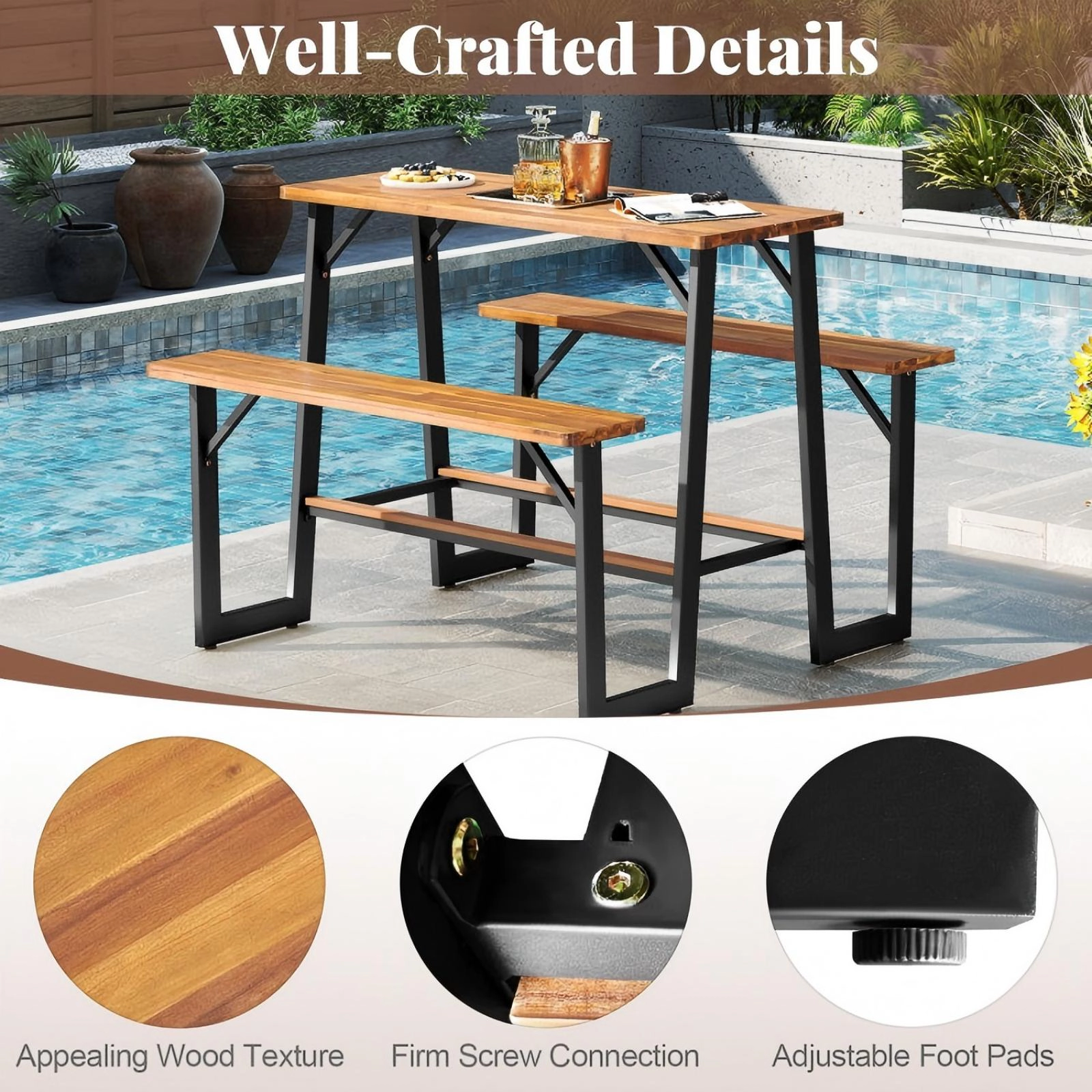SUGIFT Bar Height Patio Picnic Table Bench Set Acacia Wood Top with Metal Frame