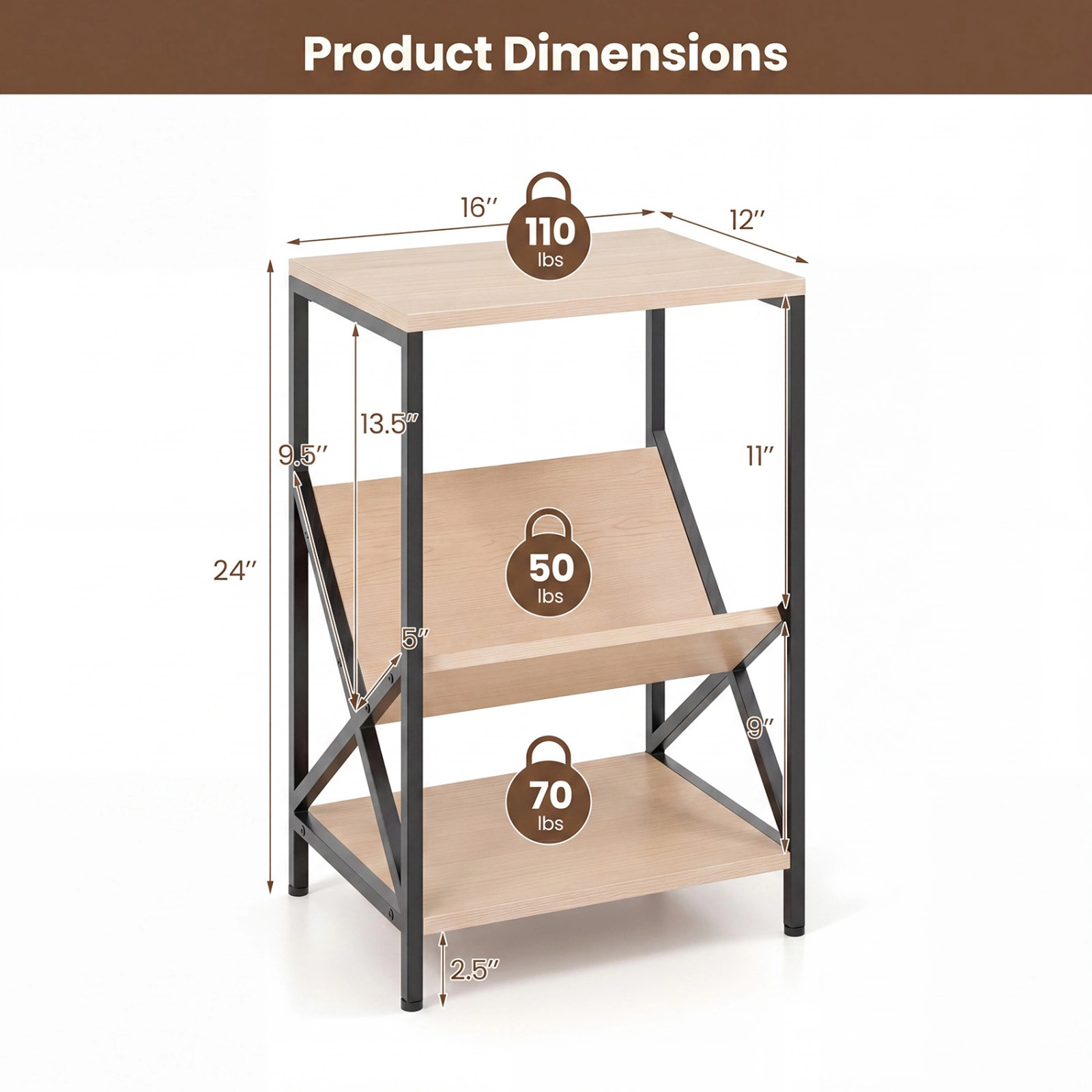 SUGIFT 3-Tier Industrial Side Table with V-shaped Bookshelf 110-Lb Top Capacity Rustic Brown Natural