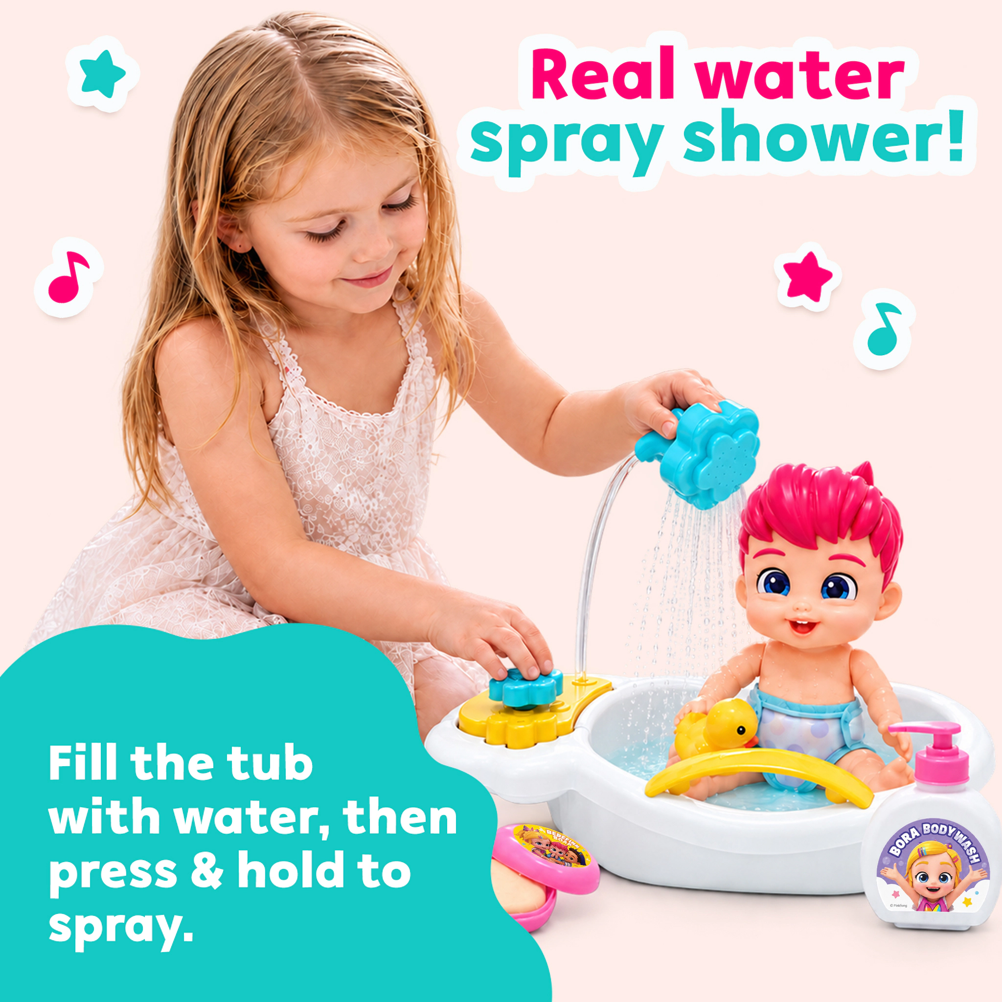 Bebefinn Kids Bath Doll Set - Water-Safe Baby Doll with Bath Play Accessories