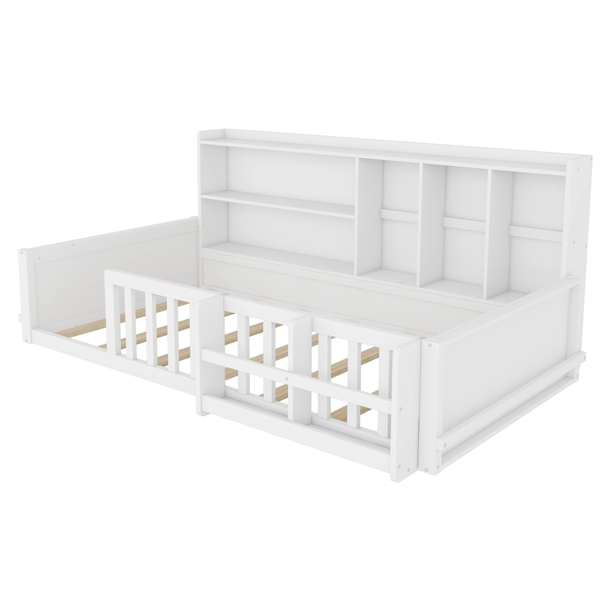 Flynama Twin Kids Wood Platform Bed, Guardrail Fence & Storage Shelves, Space Saving, White