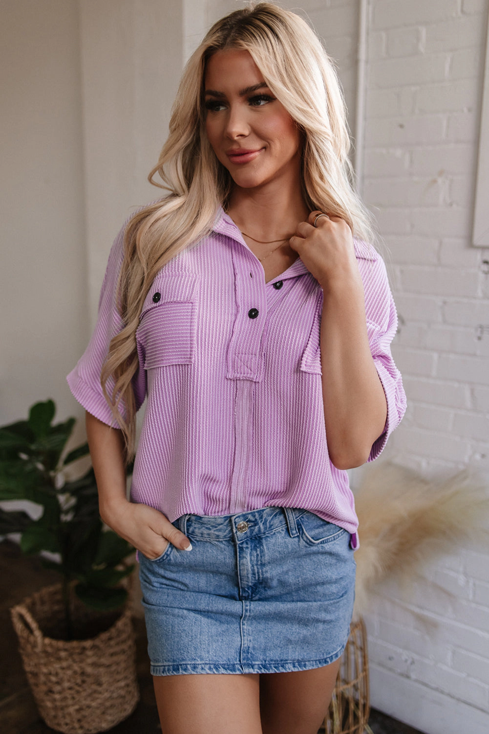 Threaded Pear Women's Kyla Flap Pocket Collared Buttoned Short Sleeve Blouse