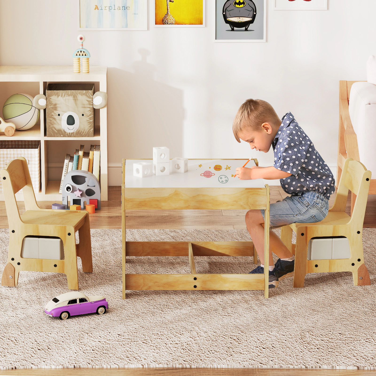 SUGIFT 3-in-1 Kids Table & Chair Set Removable Double-Sided Top 100-lb Table Capacity Ages 3+ Natural & Gray/Natural