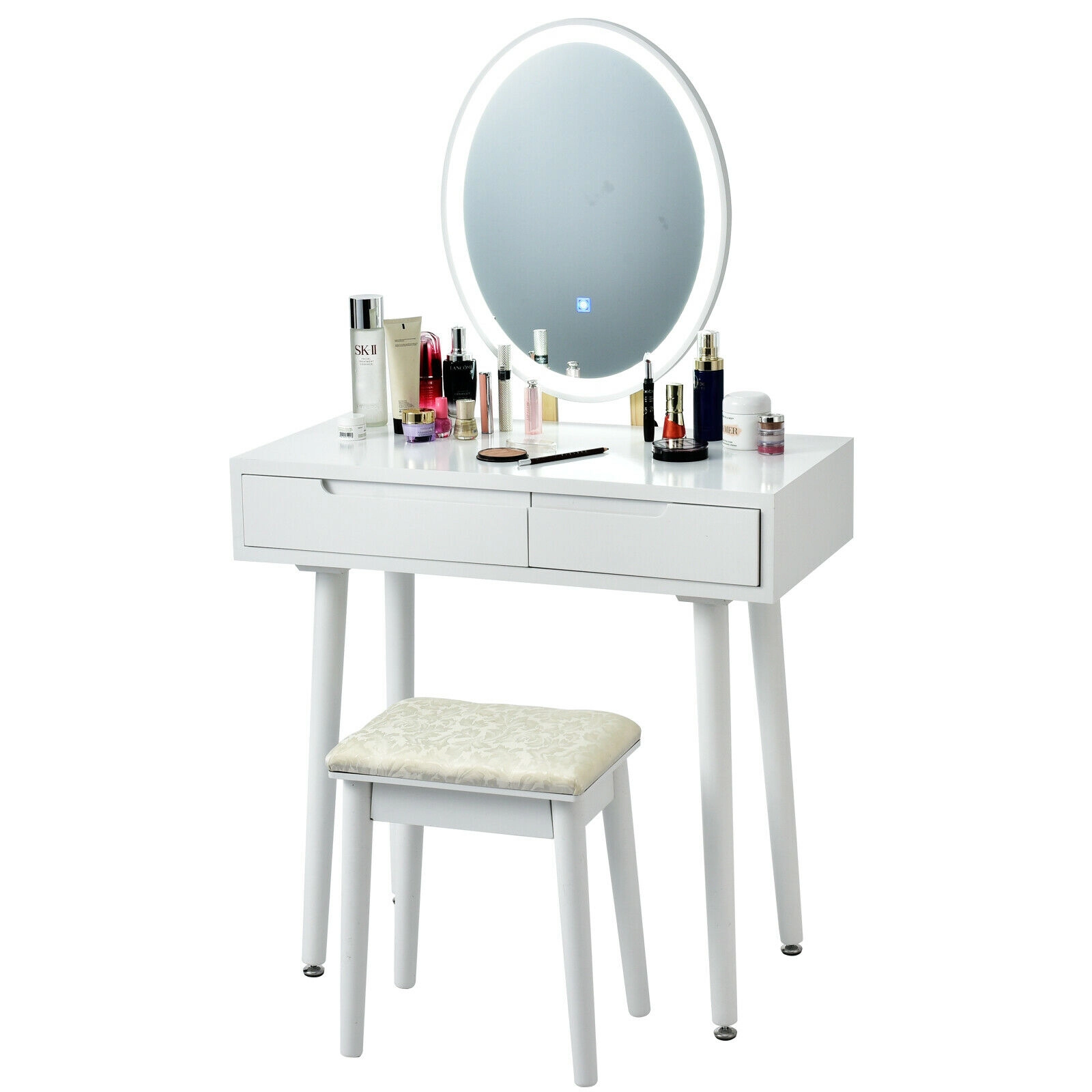SUGIFT Vanity Table and Stool Set White with Touch Screen Dimmable Lighted Mirror