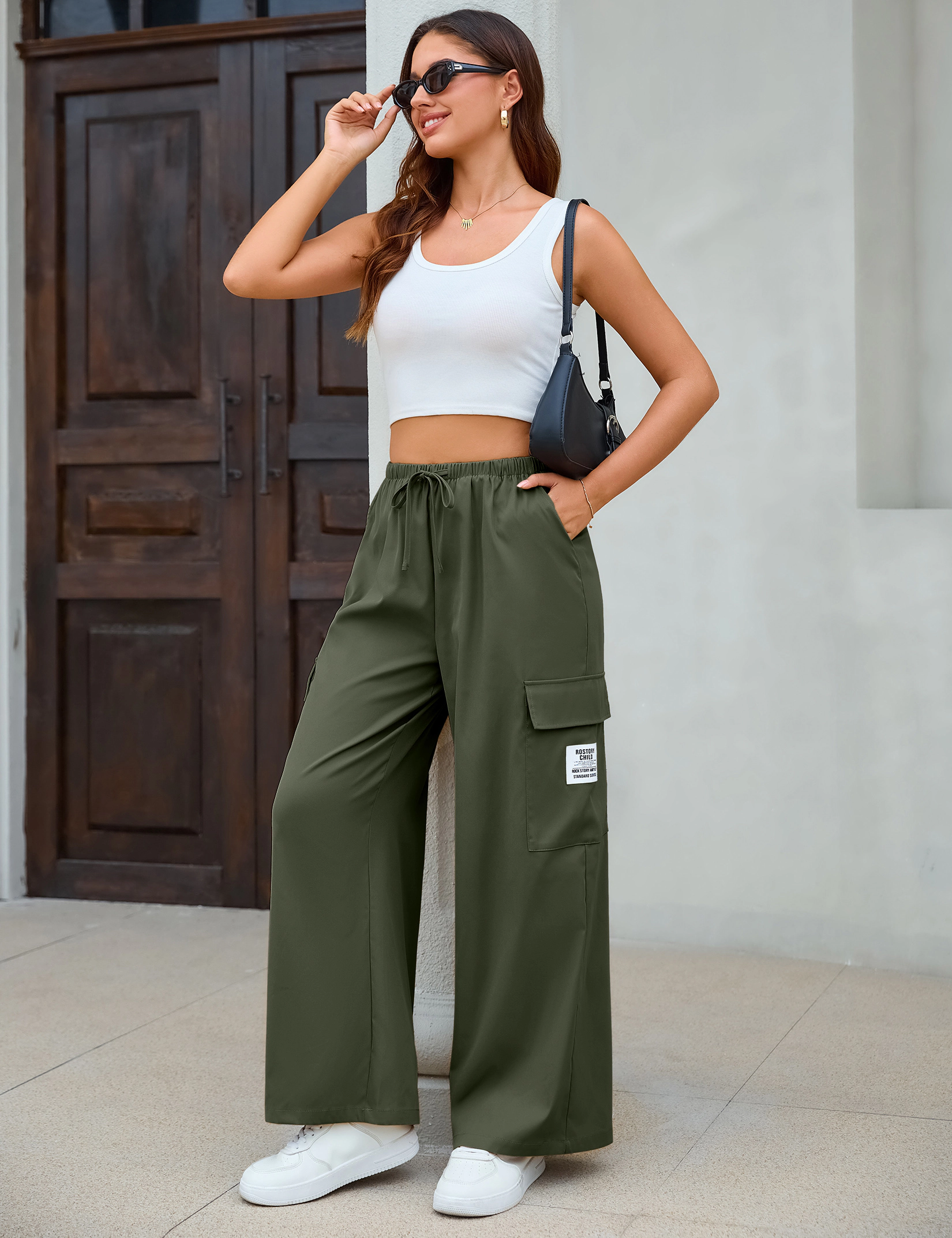 KOJOOIN Women Casual Cargo Palazzo Drawstring Waist Pants Side Pocket Wide Leg Sweatpants