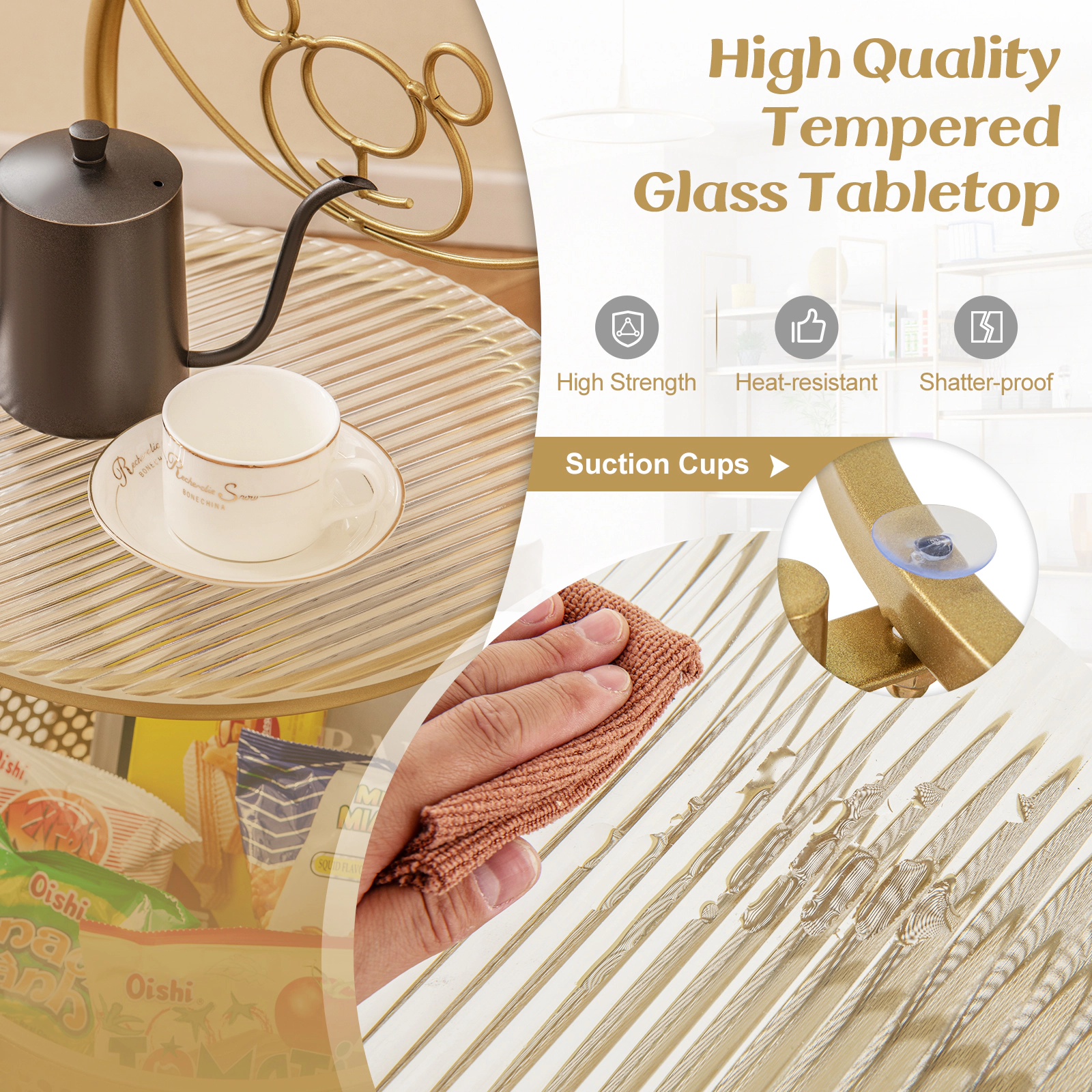Glintex Round Tempered Glass Side Table with Bear Pattern and Lockable Wheels