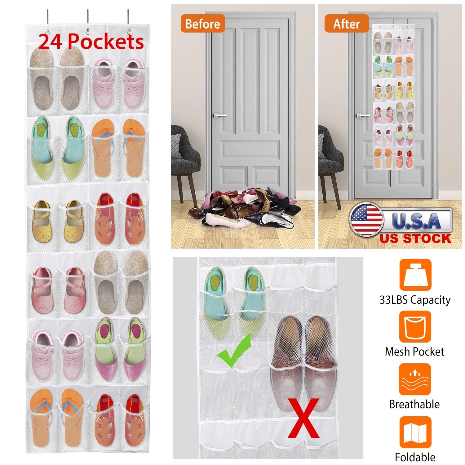 GBruno 24-Pocket Over-the-Door Shoe Organizer