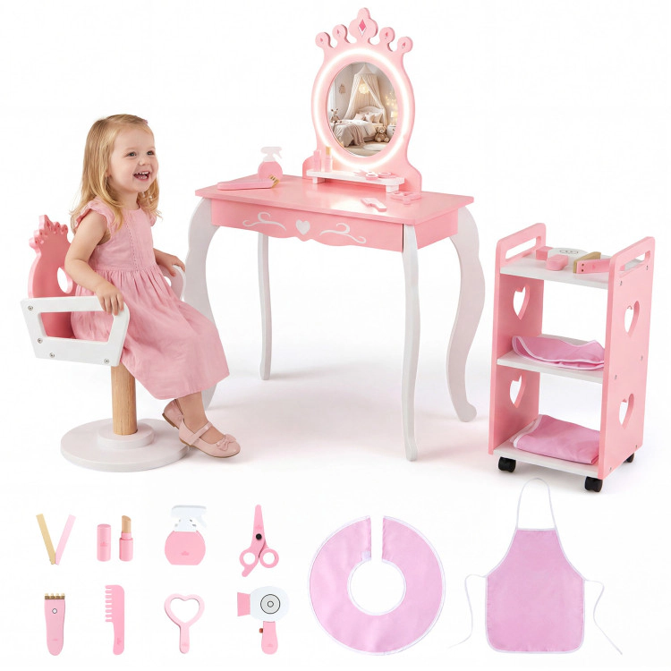 Hivvago Kids Hair Salon Play Set With Led Lighted Mirror Wooden Pretend Hair Salon Station With Swivel Barber Chair