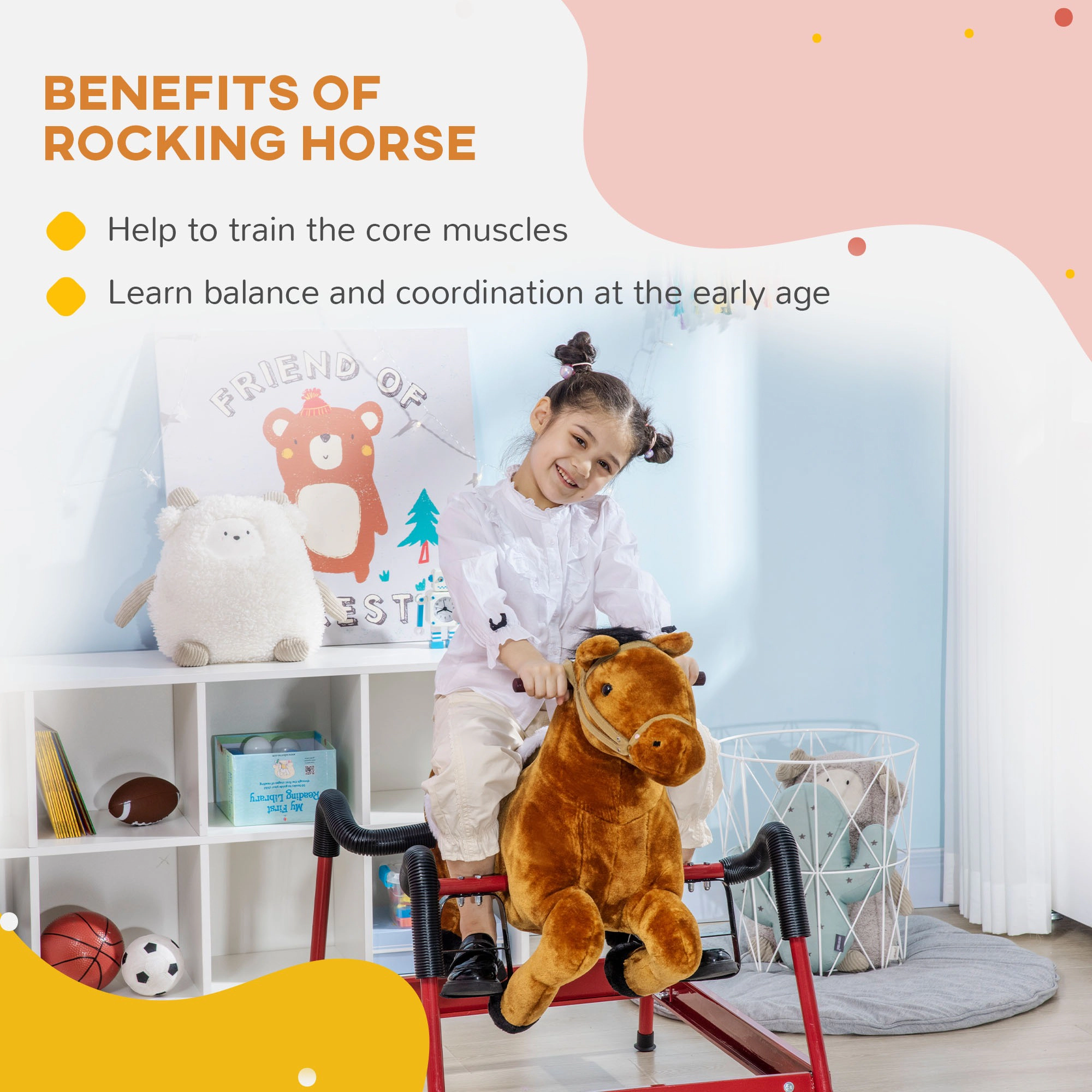 HONGGE Kids Spring Rocking Horse Ride-On Toy with Neighing Sounds, Holds up to 132 lbs, Ages 5-12, Light Brown