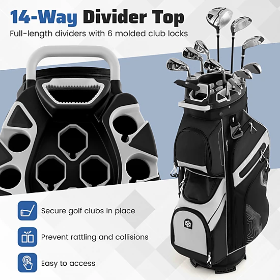 SUGIFT Molded Lock Top Golf Cart Bag 14-Way Full Length Dividers 11 Pockets 5.7-lb Polyester Sports Bag Black White Gray