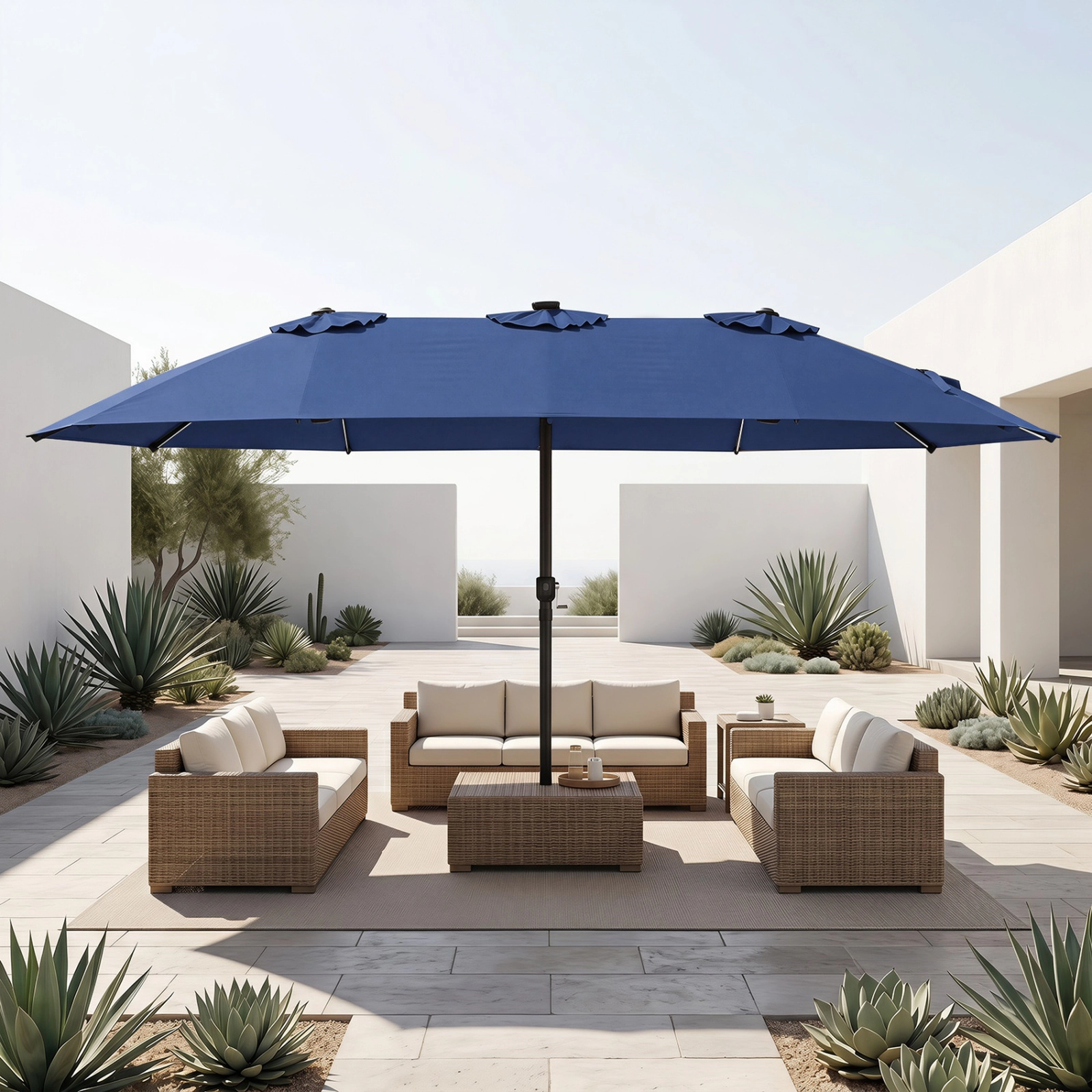 SUGIFT 15.5-ft Navy Extra-Large Rectangular Patio Umbrella with 144 Solar LED Beads and 12 Light Modes