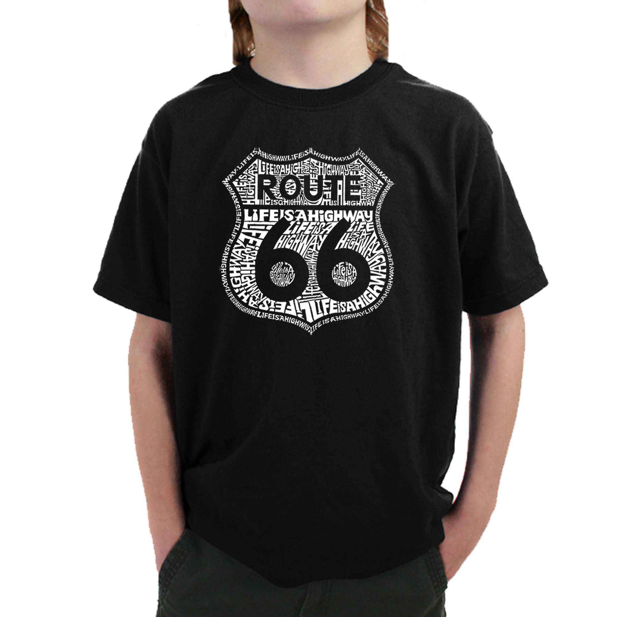 LA Pop Art Boy's Word T-Shirt - Route 66 Life is a Highway