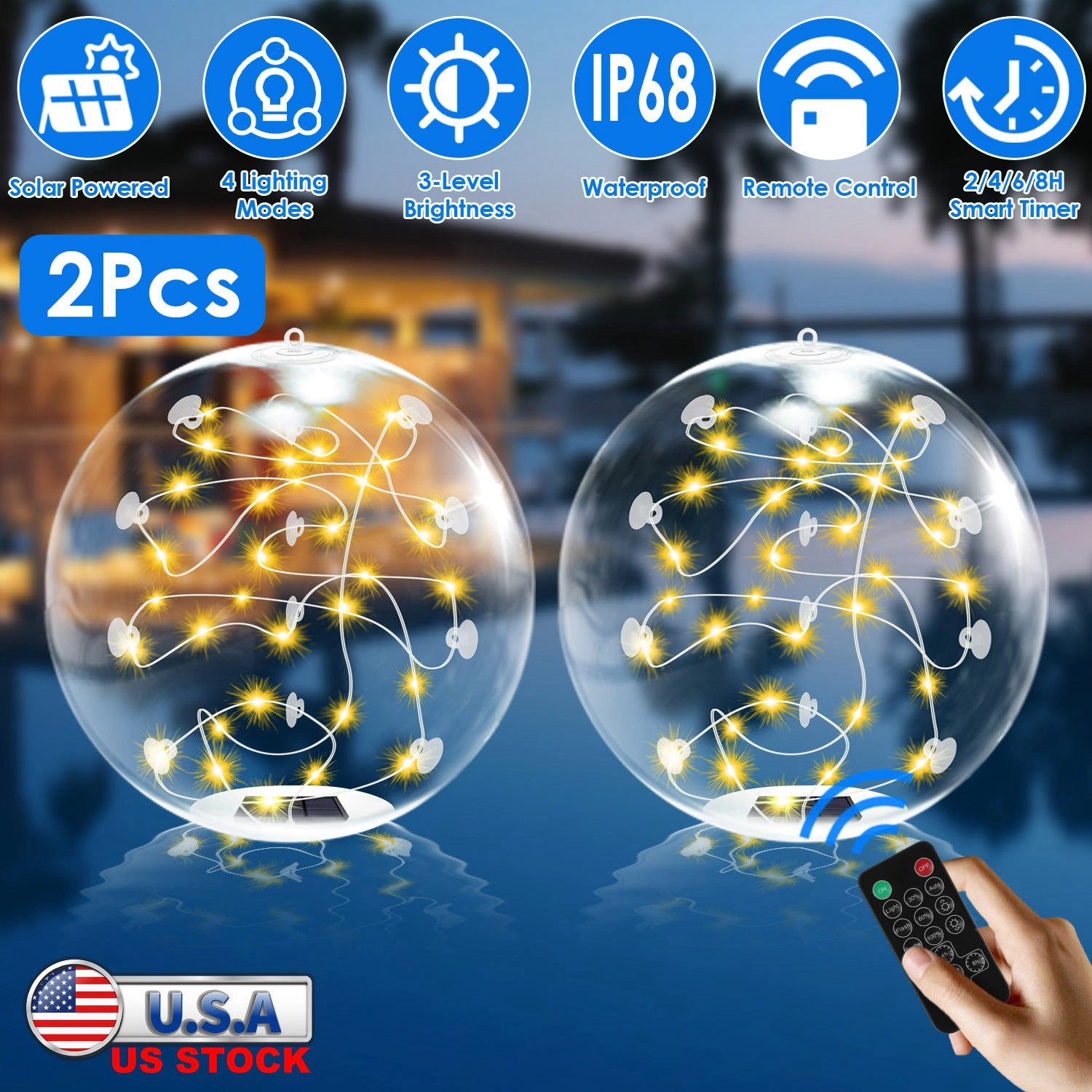 GBruno 2-Pc Solar Floating Pool Lights With Remote