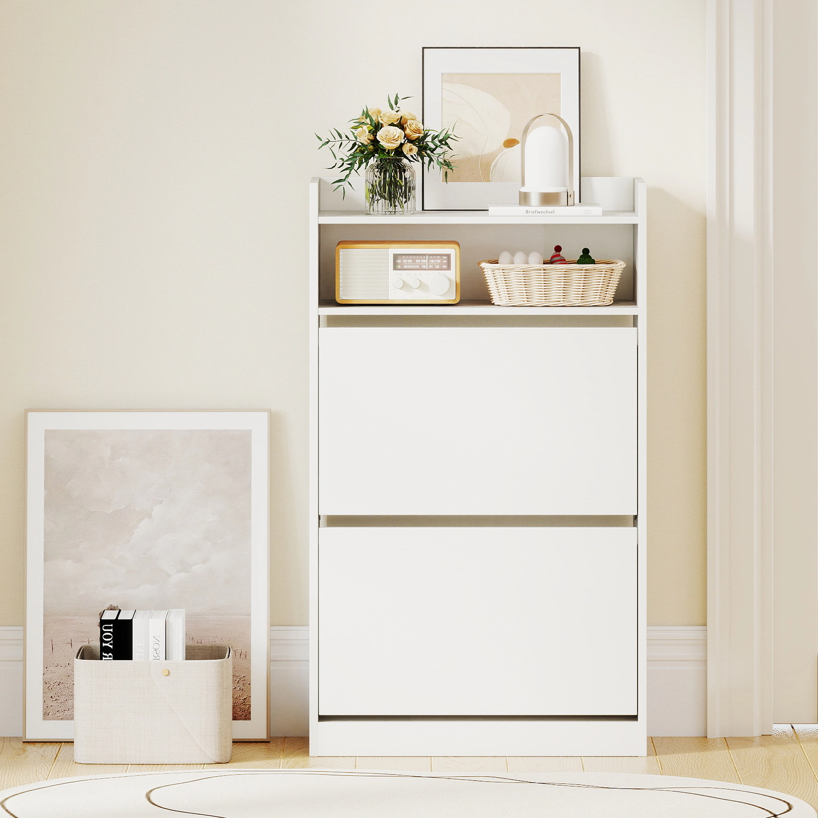 SUGIFT 40-in White Narrow Shoe Rack Storage Cabinet with 2 Flip Drawers and Adjustable Shelves 9.5-in D