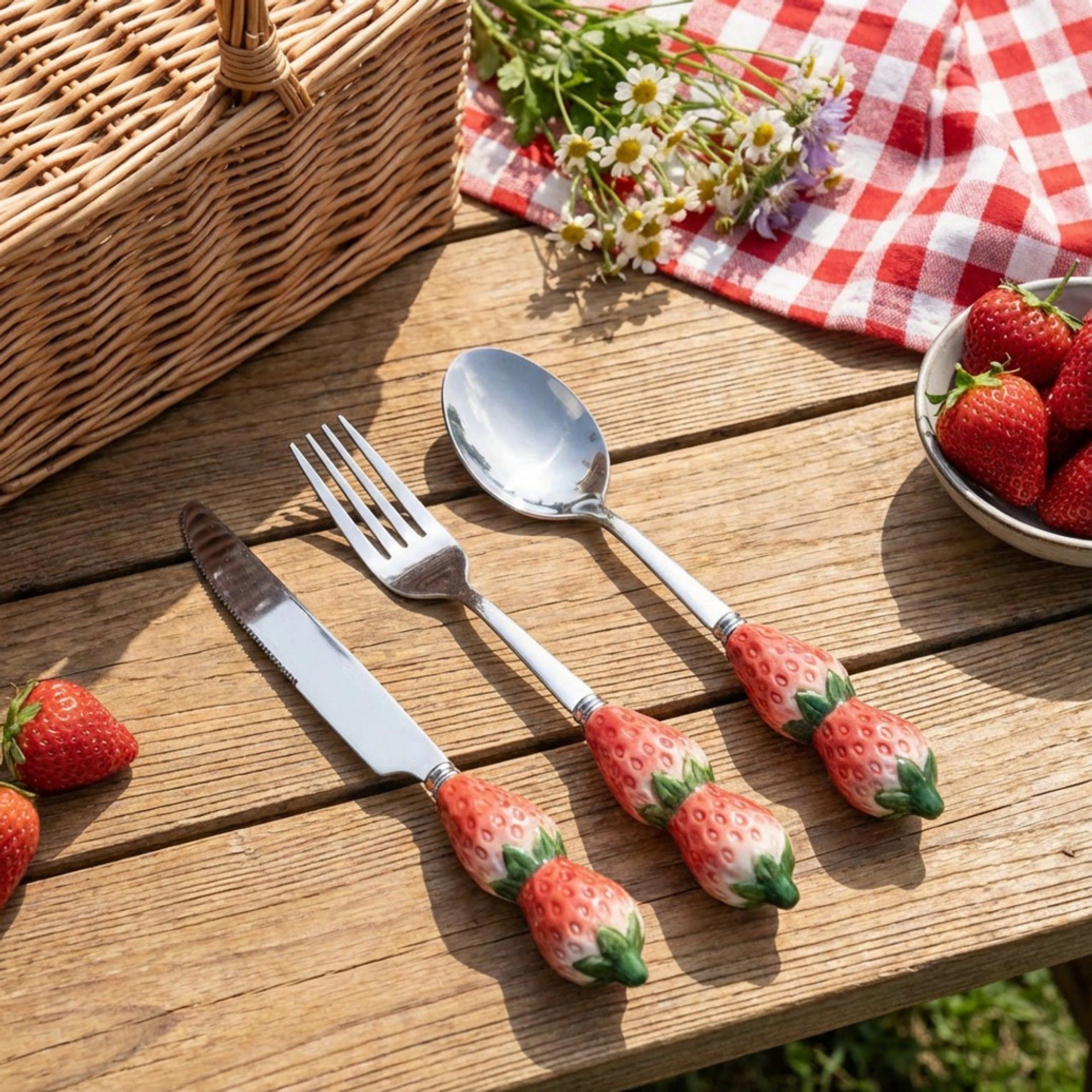 Alilang Unisex Strawberry Handle Flatware 3 Piece Set with Decorative Sculpted Design and Polished Metal Utensils