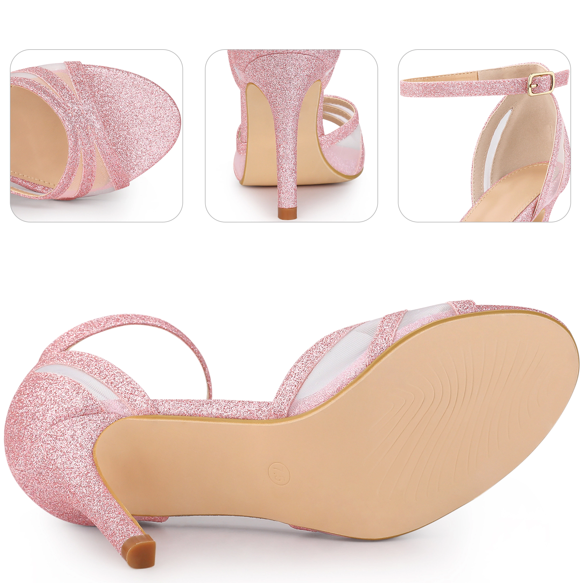 BLISSFUL STEP Women's Glitter Mesh Open Toe Stiletto Heel Ankle Strap Party Sandals