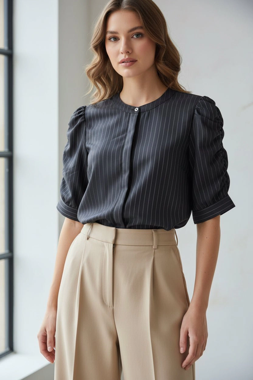DressAtR Women's Elbow Puff Sleeve Round Neck Button Front Blouse