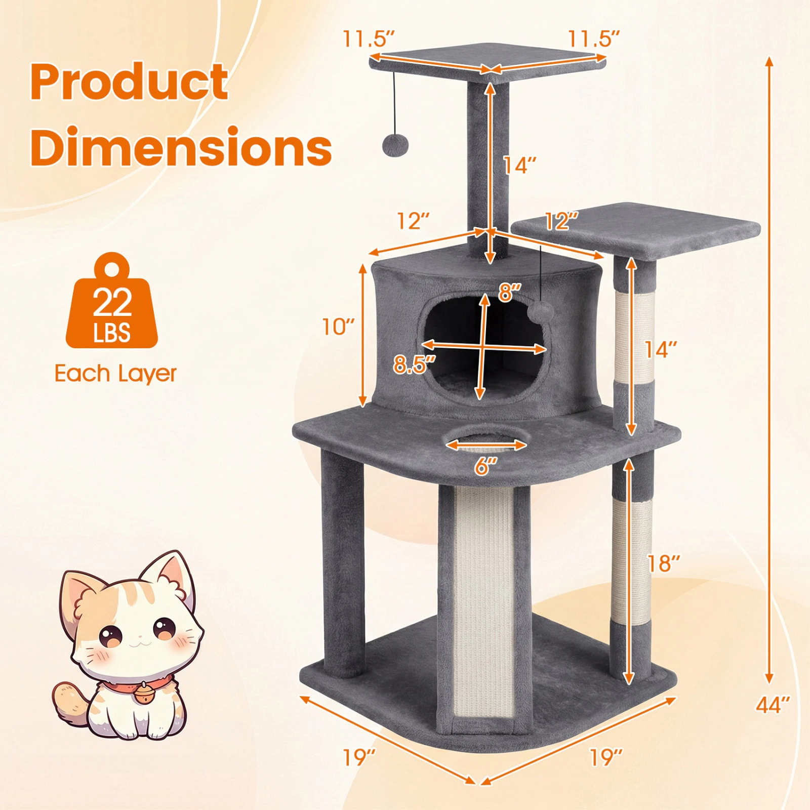 SUGIFT 44-in Dark Gray Kitten Cat Tree with Enclosed Condo Twin Plush Beds and Sisal Scratching Posts