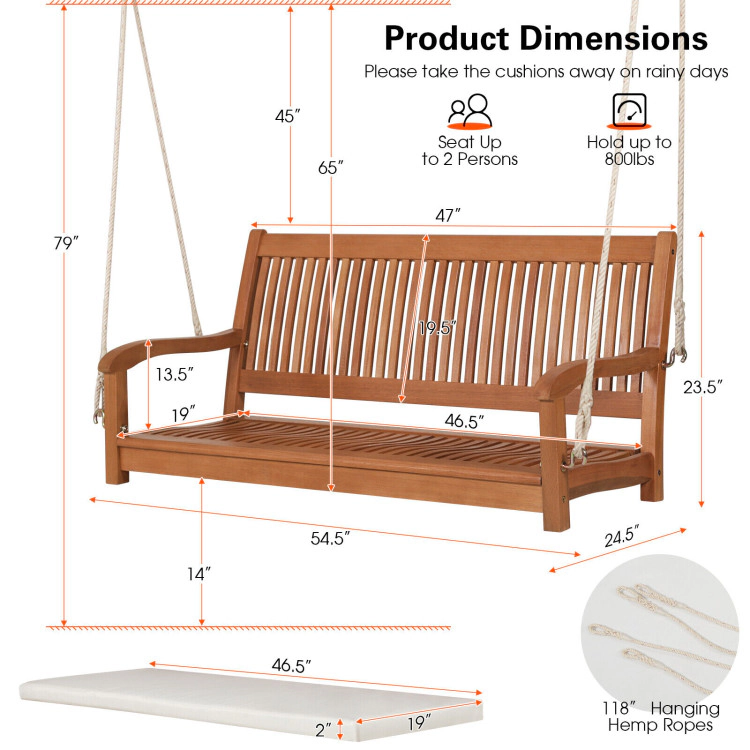Hivvago 2-Person Hanging Porch Swing Wood Bench With Cushion Curved Back