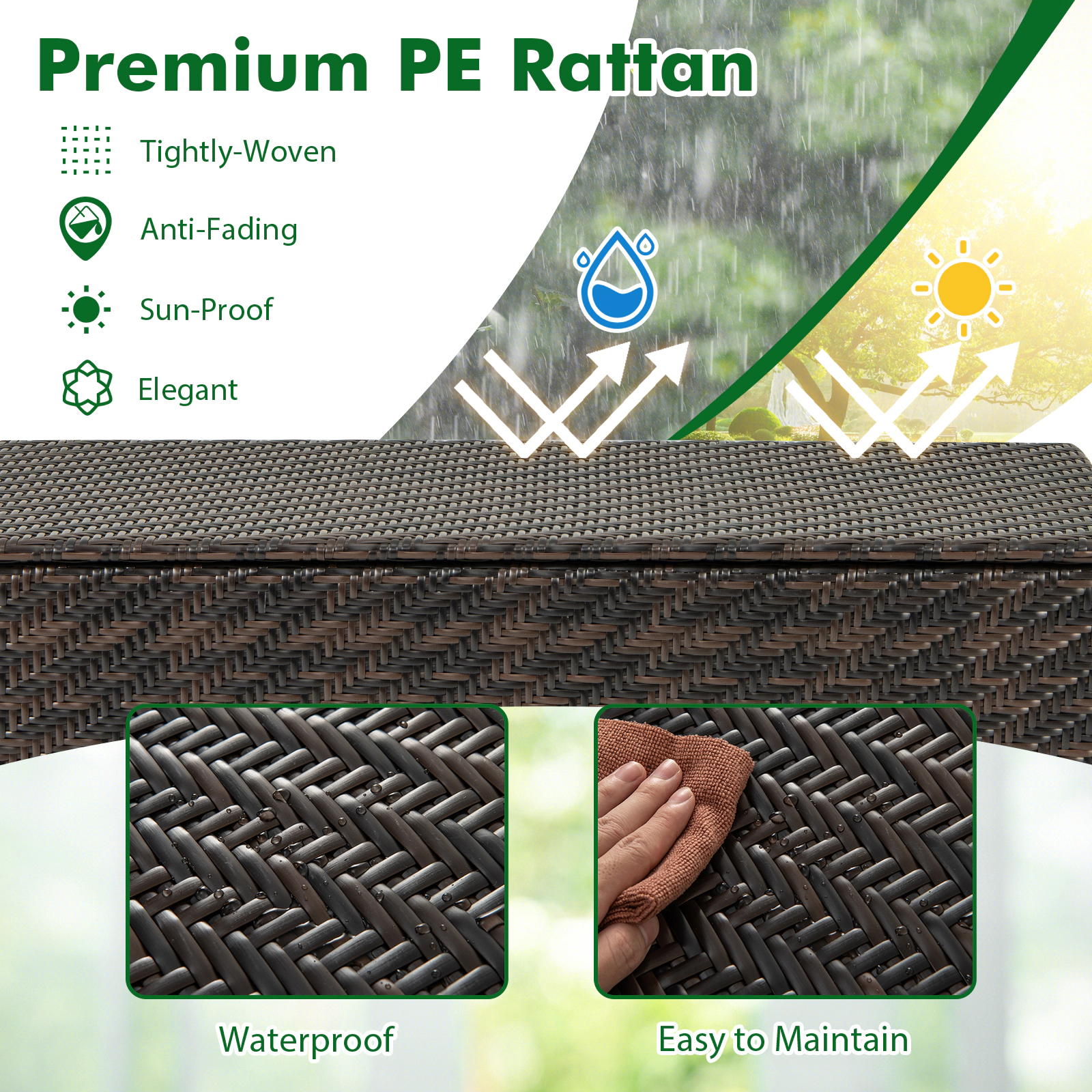 SUGIFT 85 Gallon PE Rattan Outdoor Storage Box with Removable Liner Universal Wheels 66-lb Top Capacity Brown/Black