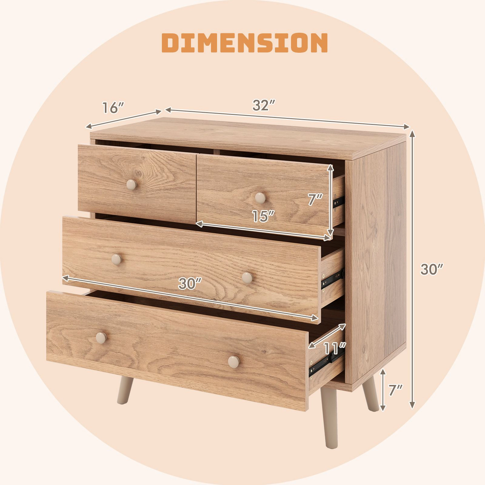 SlickBlue 4-Drawer Wood Dresser with Spacious Top and Metal Glides