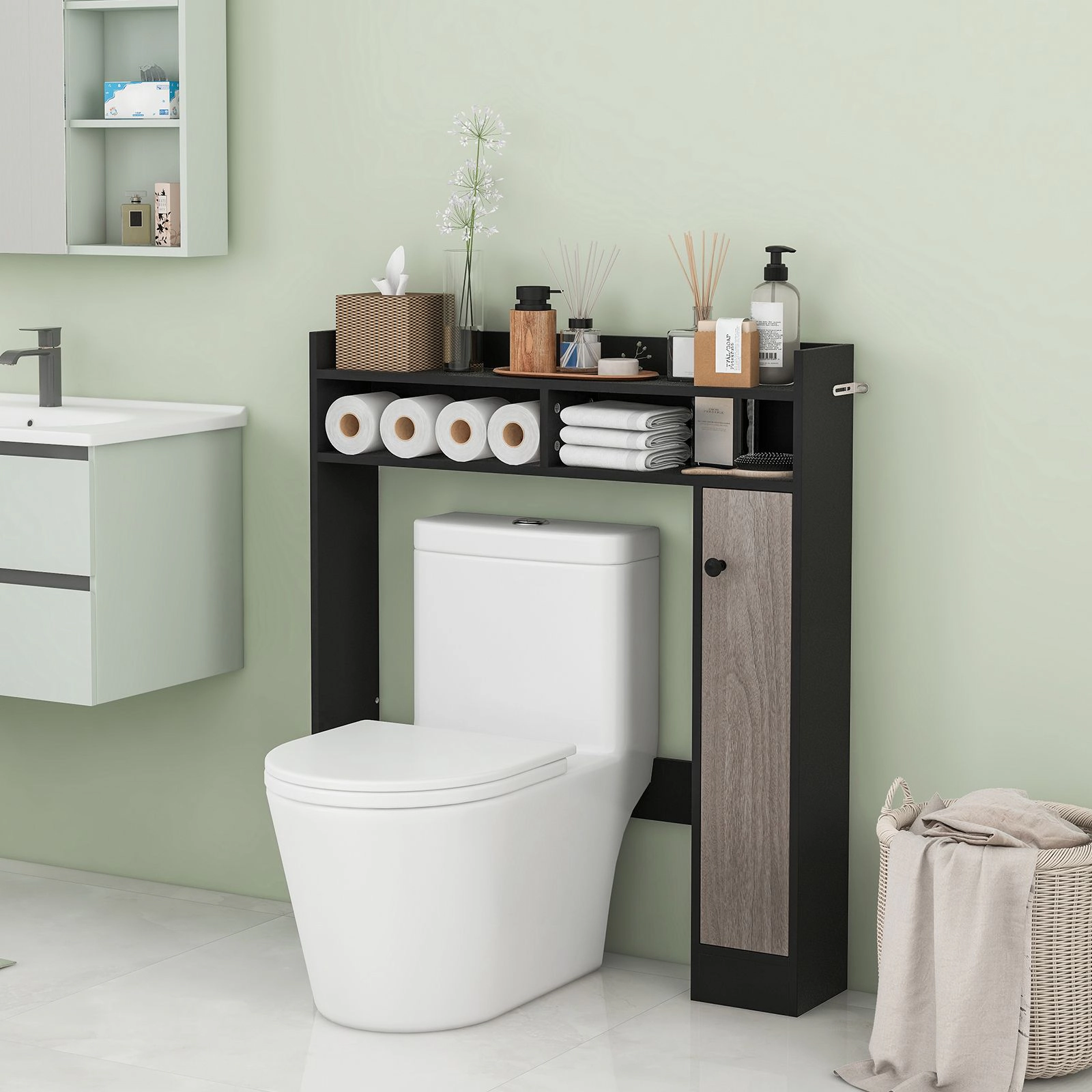 SlickBlue Over Toilet Bathroom Organizer with Cabinet and Open Shelves