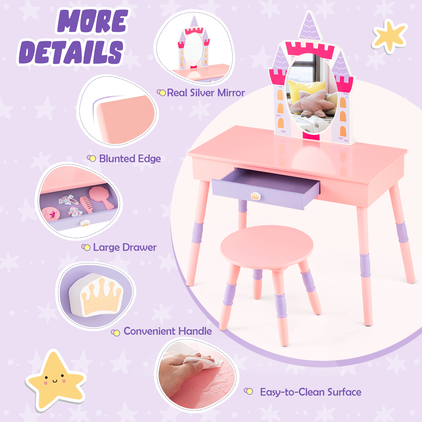 SUGIFT Kids Vanity Table and Stool Set with Mirror and Drawer in Pink