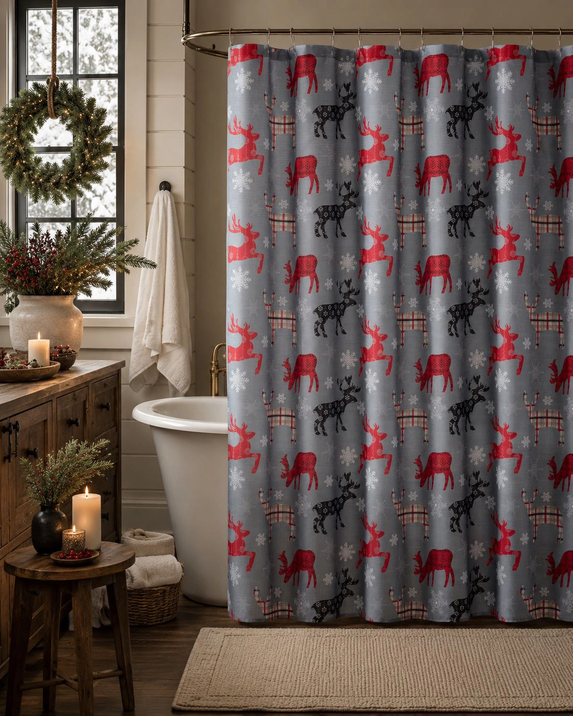 Kate Aurora Plaid Christmas Woodland Reindeer & Snowflakes Fabric Shower Curtain