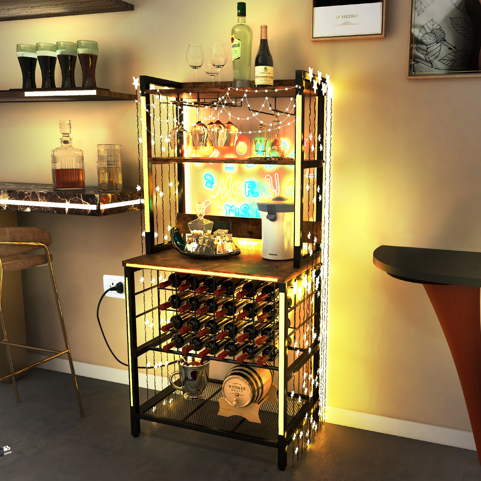 SUGIFT Brown 4 Tier Wine Cabinet Bar with Glass Holders and Power Outlets 30-in W 19-in D 64-in H 175-lb Counter