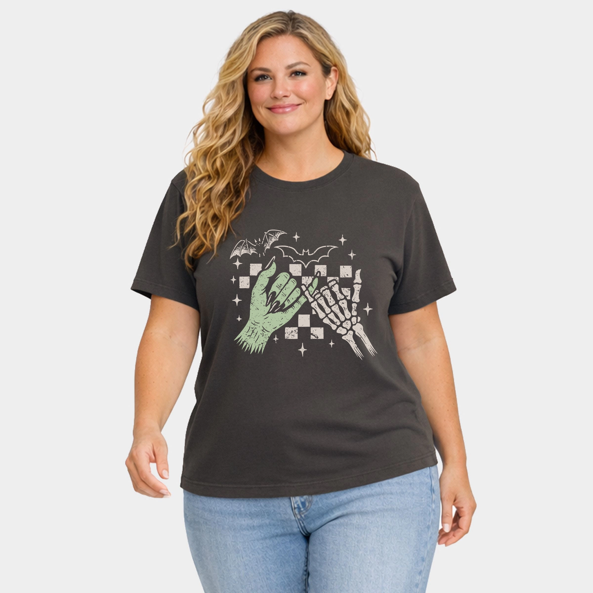 Simply Sage Market - Women's Plus Sized Garment Dyed Graphic T-Shirt Pinky Promise Skeleton