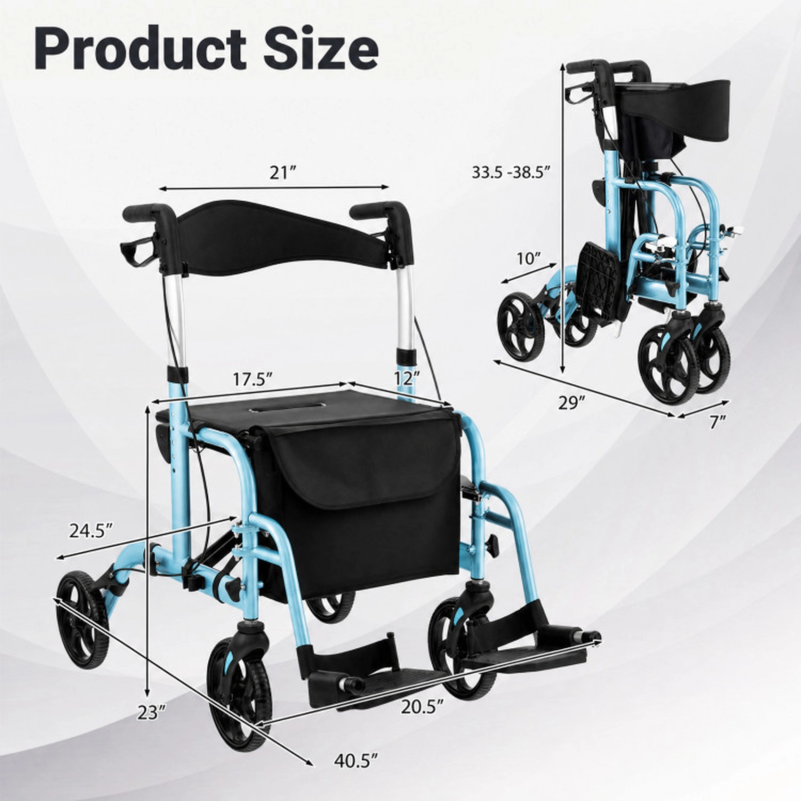 SUGIFT 2-in-1 Adjustable Folding Handle Rollator Walker and Wheelchair 300-lb Capacity Blue