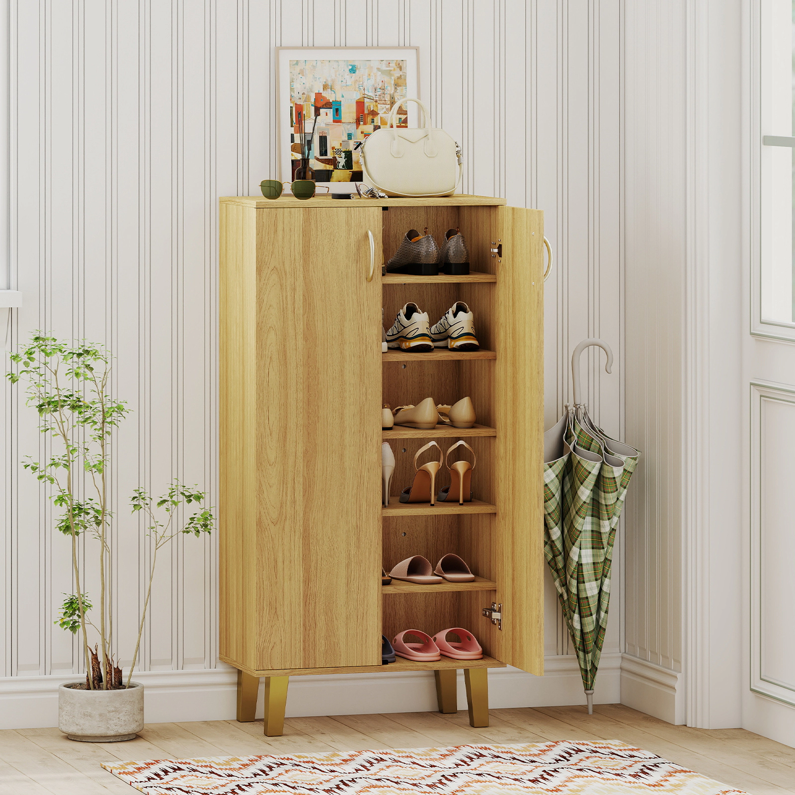 SUGIFT 6-Tier Freestanding Wooden Shoe Cabinet with Doors and Removable Shelves 22-lb Countertop Capacity Natural