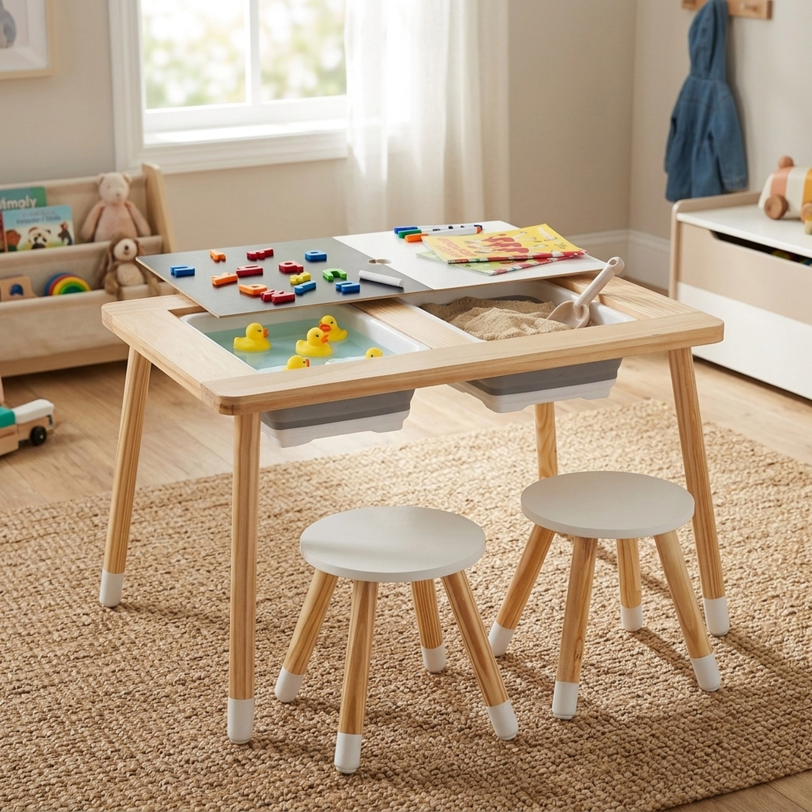 SUGIFT Natural Pine Kids Activity Table Set with Reversible Chalkboard and Whiteboard Top, 2 Stools