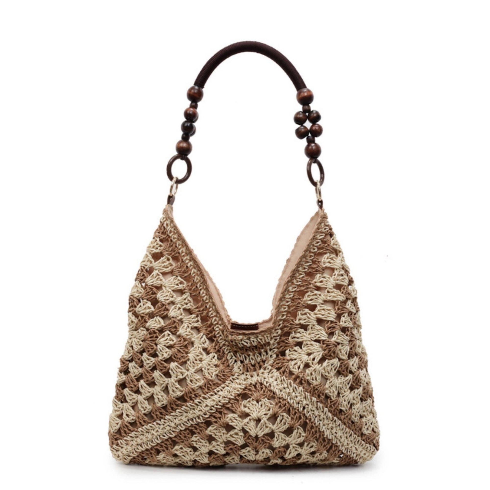Alilang Women's Woven Hobo Shoulder Bag with Beaded Handle and Magnetic Snap Closure