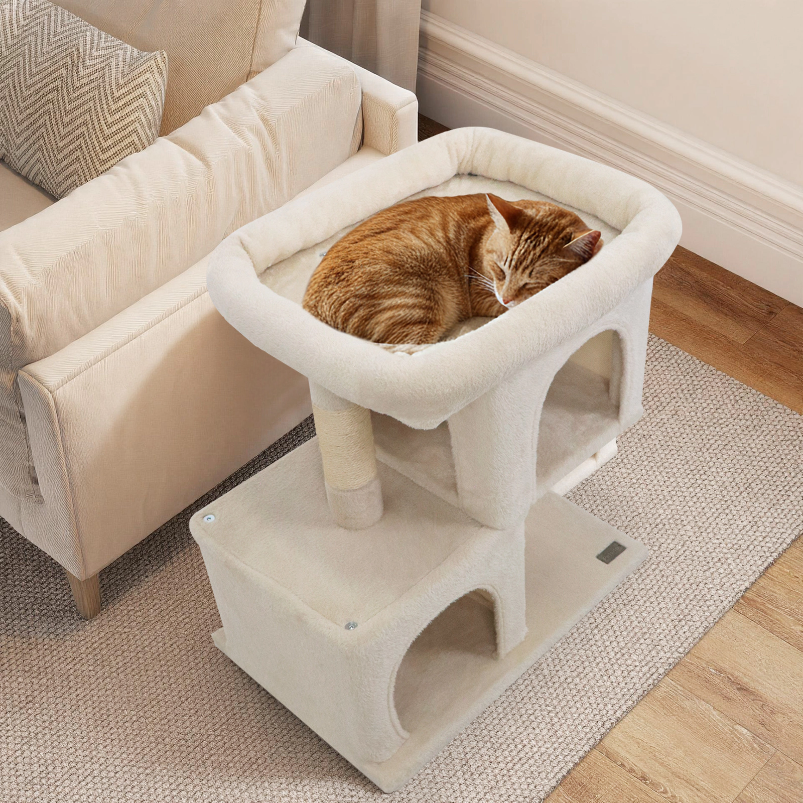 SUGIFT Space-Saving Cat Tree Tower with Upholstered Perch and 2 Cat Condos 24-in Frame 22-lb Capacity Beige