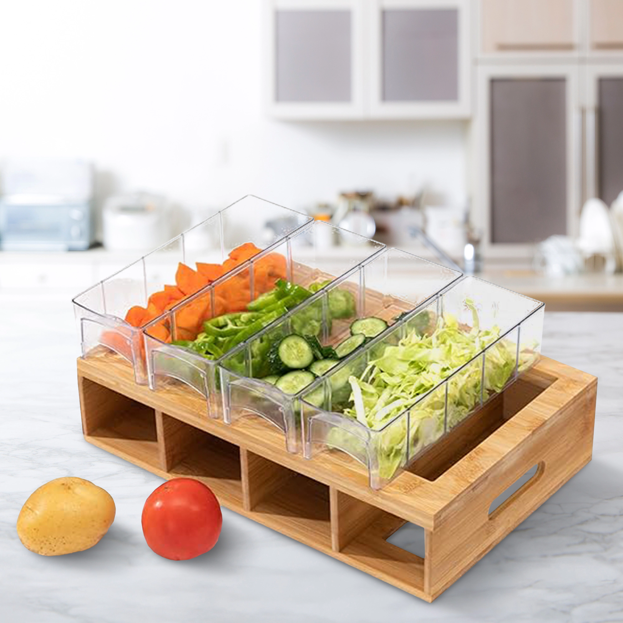 Cheer Collection Bamboo Cutting Board with 4 Removable Prep Trays, Juice Groove and Handles
