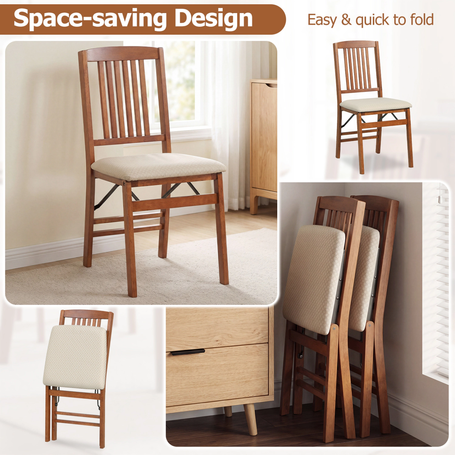 LJG Set of 4 Foldable Upholstered Kitchen Chairs with Padded Seat