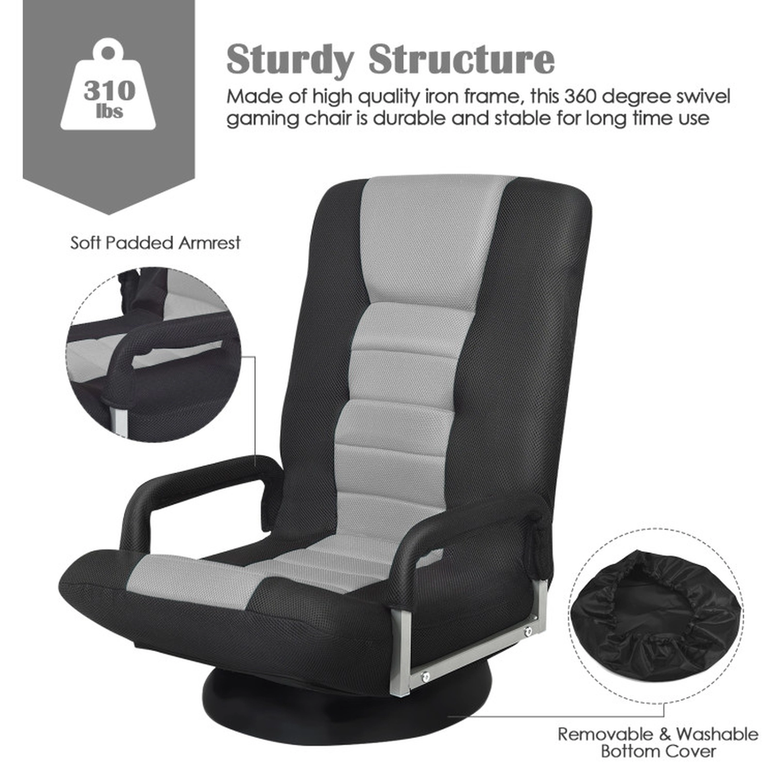 SUGIFT 360-Degree Swivel Gaming Floor Chair with 6-Position Foldable Backrest 310-lb Capacity Green Red Brown Blue