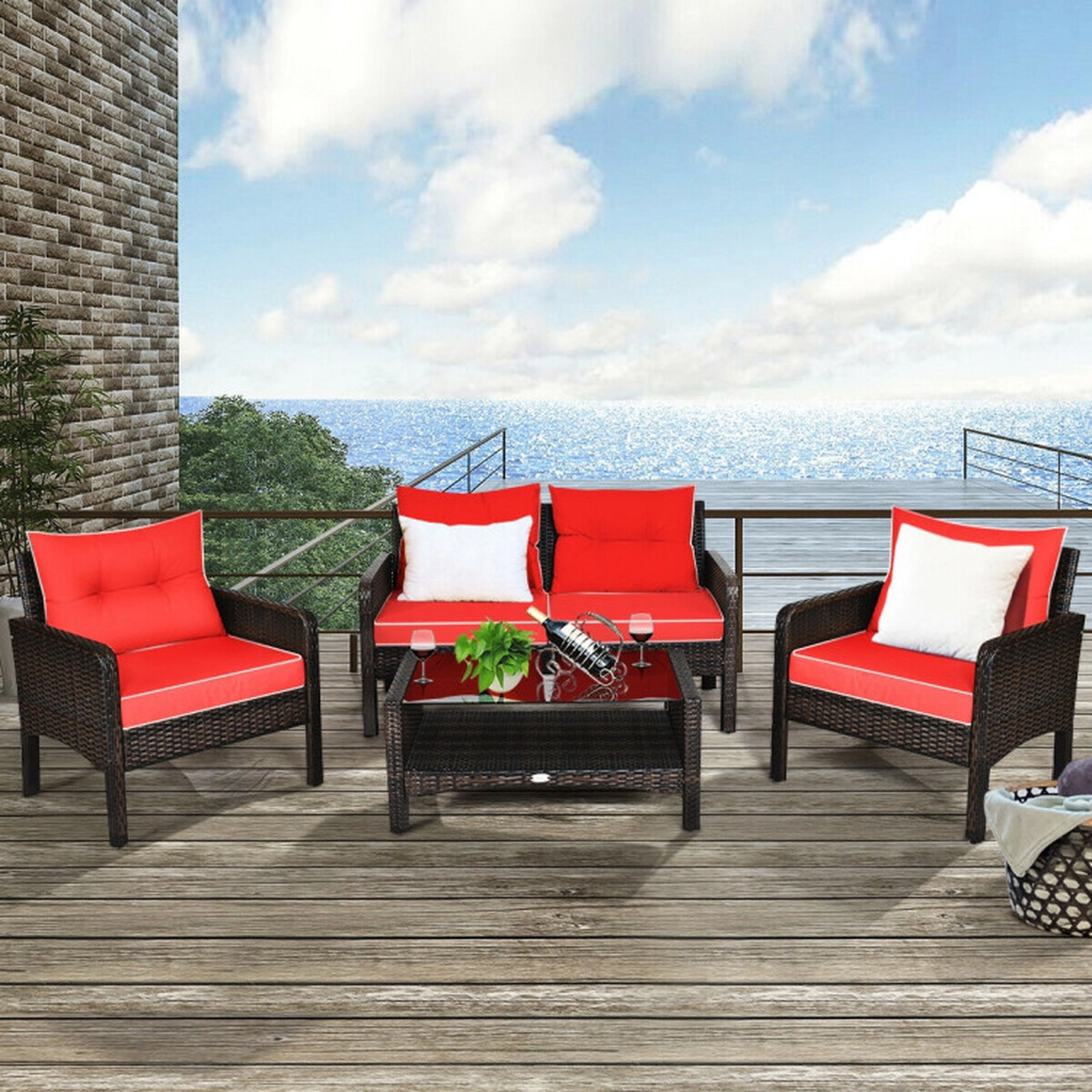 SUGIFT 4-Piece 800-lb Loveseat Capacity Red Rattan Wicker Patio Furniture Set with Glass Storage Table