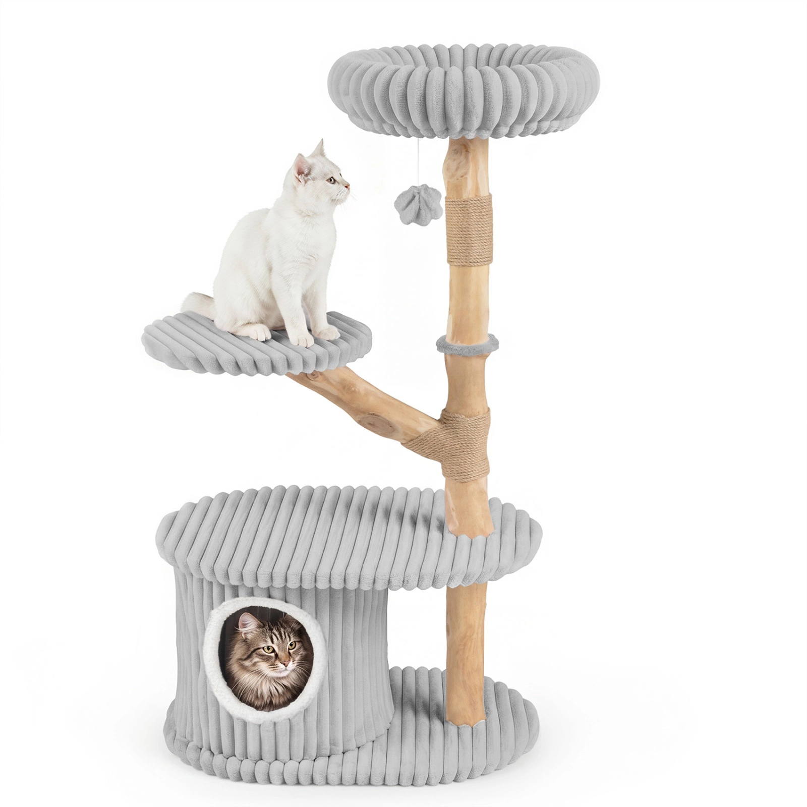 SUGIFT 41-in Tall Multi-level Modern Cat Tower with Real Pear Wood Branches Scratching Posts 22-lb Capacity Gray