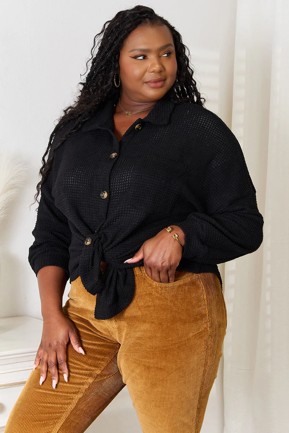 TRUEDAMES Women Waffle-Knit Collared Neck Dropped Shoulder Shirt