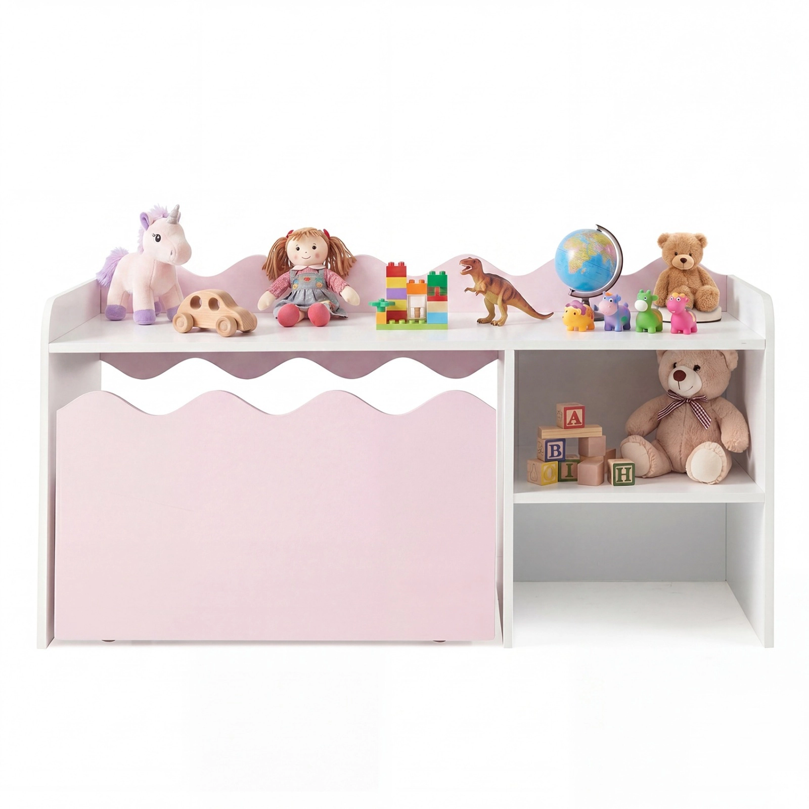 SUGIFT Scalloped Kids Bookshelf and Toy Storage Organizer with Movable Drawer 77-lb Top Capacity 3+ Years Pink + White