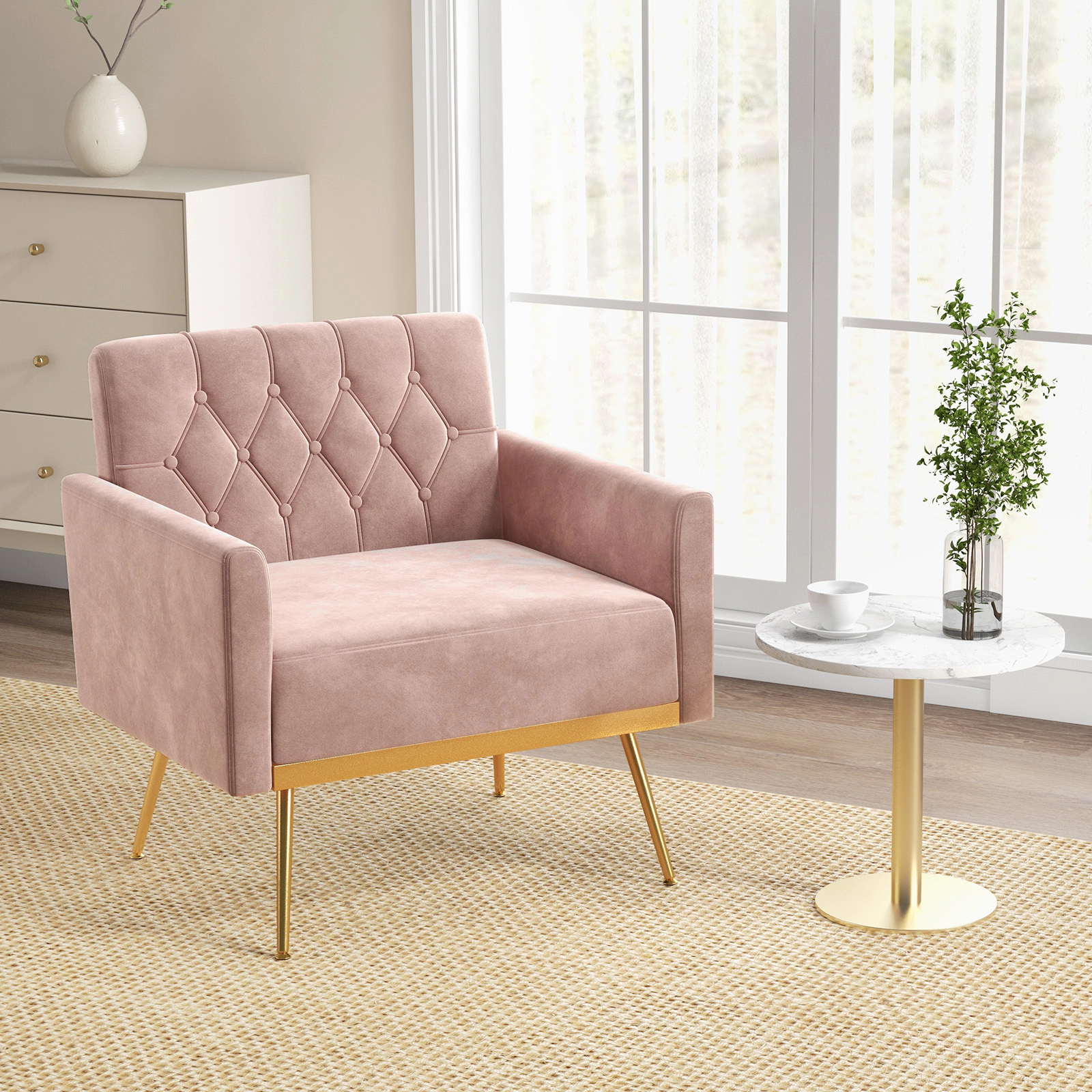 Velvet Accent Chair Pink Button Tufted Back with 25-in Wide Seat Gold Metal Legs Adjustable Levelers Spring Seat
