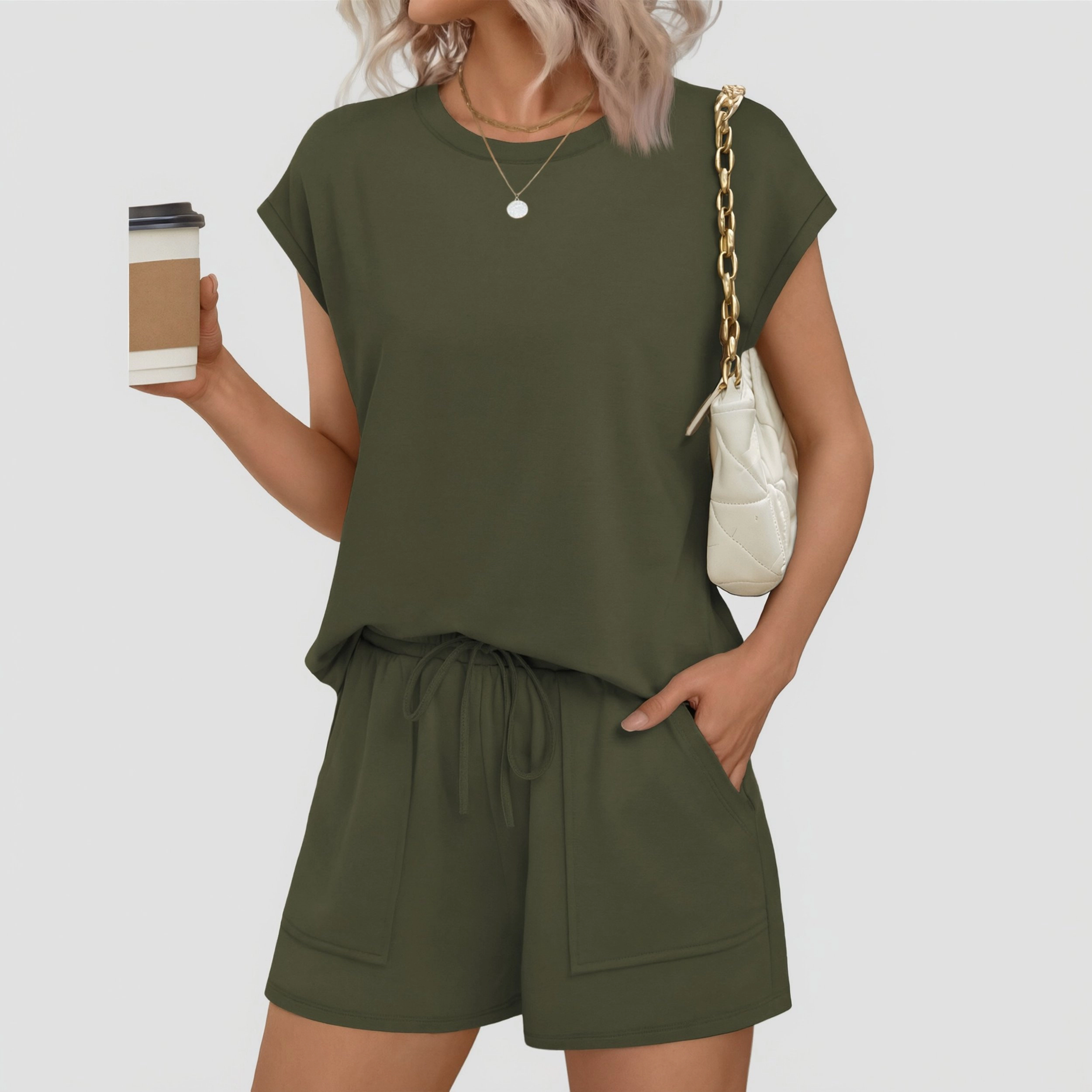 Ekouaer Women's Crew Neck Cap Sleeve Top & Shorts 2-Piece Lounge Set