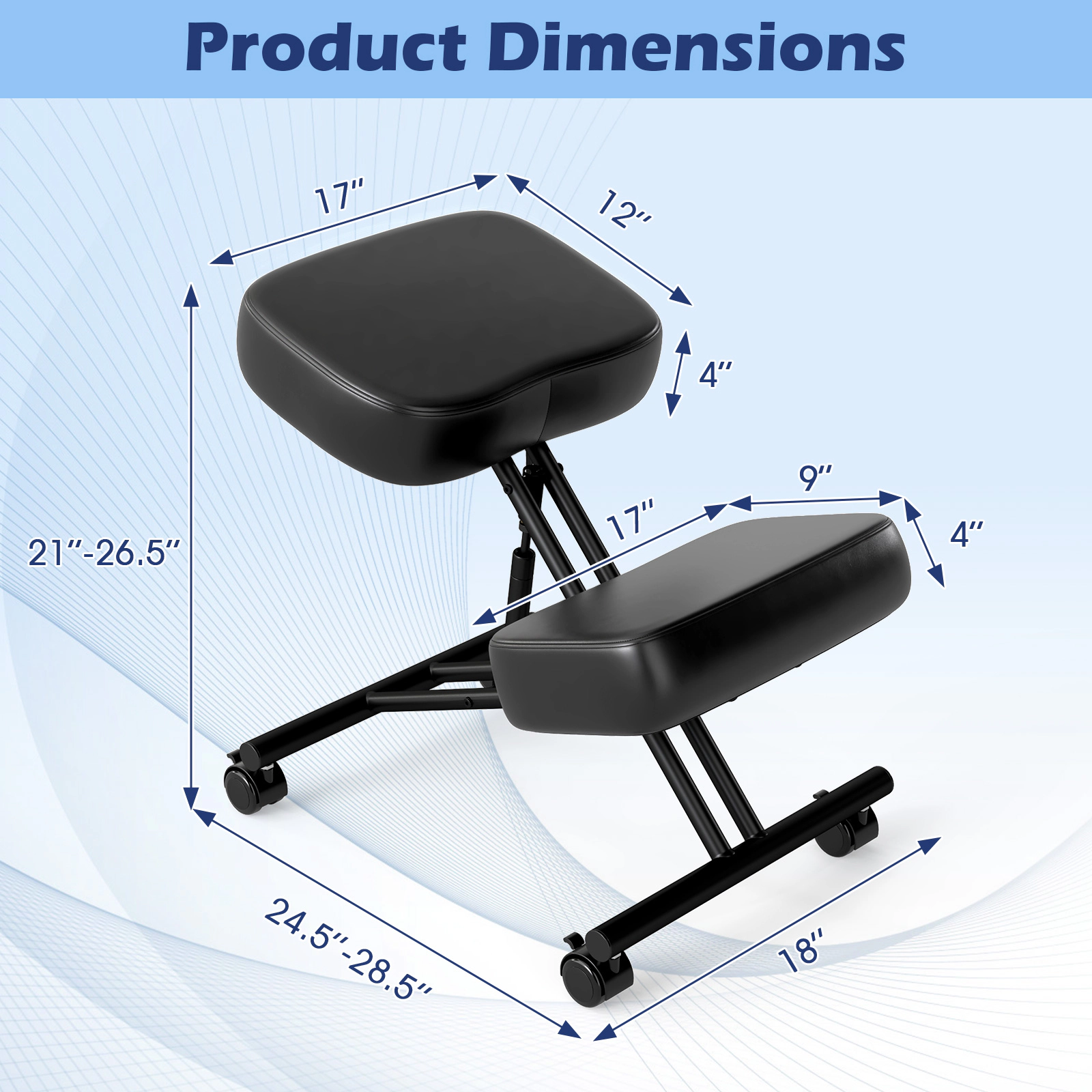 SUGIFT Adjustable Height 220-lb Capacity Black Faux Leather Kneeling Chair with Lockable Brake Wheels