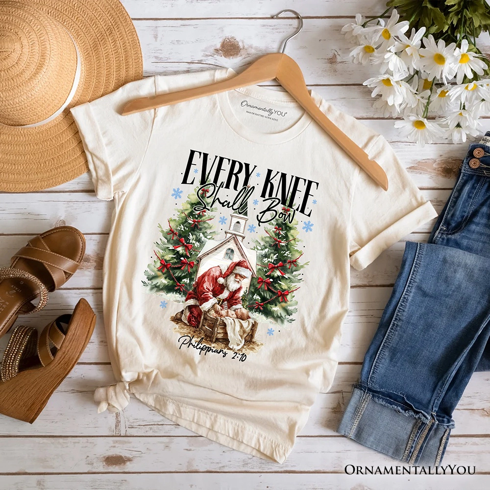 OrnamentallyYou Unisex Every Knee Shall Bow" Nativity Santa Christmas T-Shirt