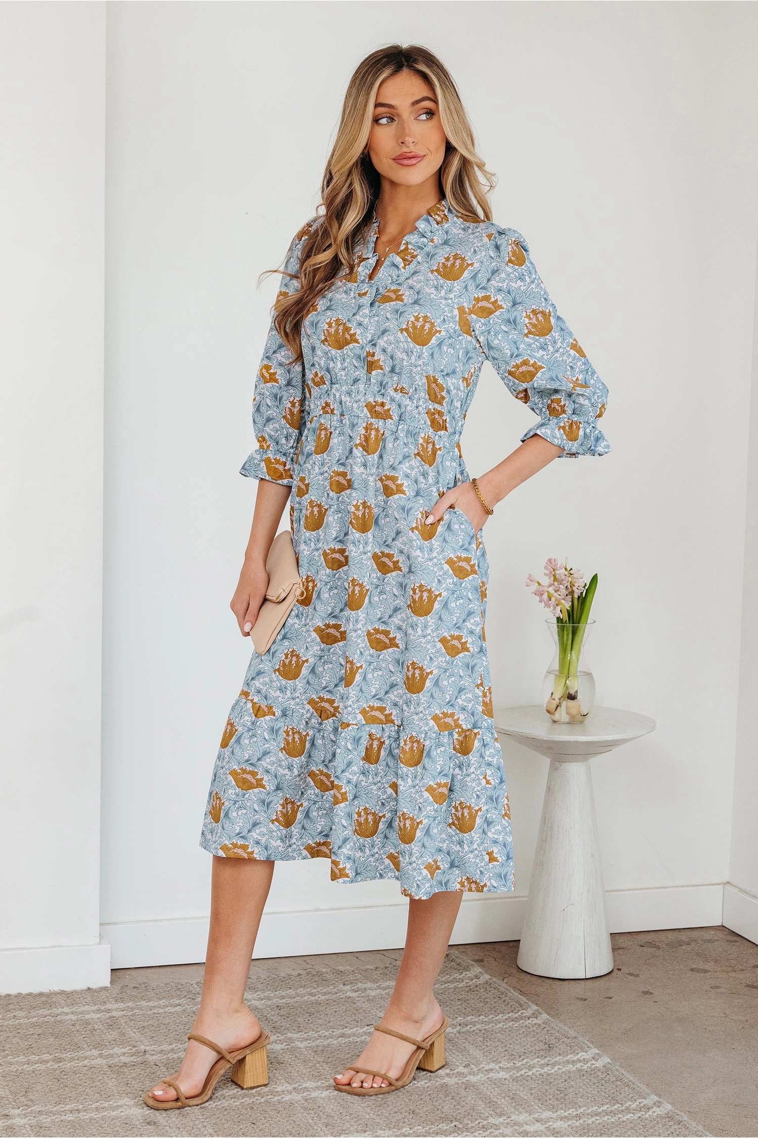 Threaded Pear Womens Rosalee Floral Frilled V-Neck Long Dress - Bracelet Sleeve, Elastic Waist