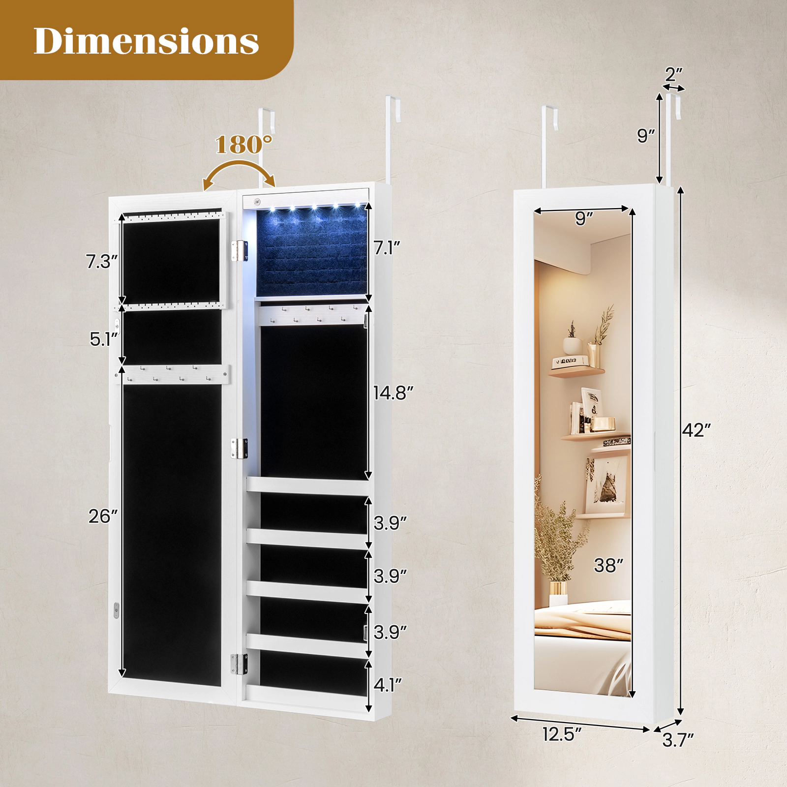 Slickblue 42 Inch Wall or Door Mounted Mirrored Jewelry Cabinet with LED Lights and Storage Shelves