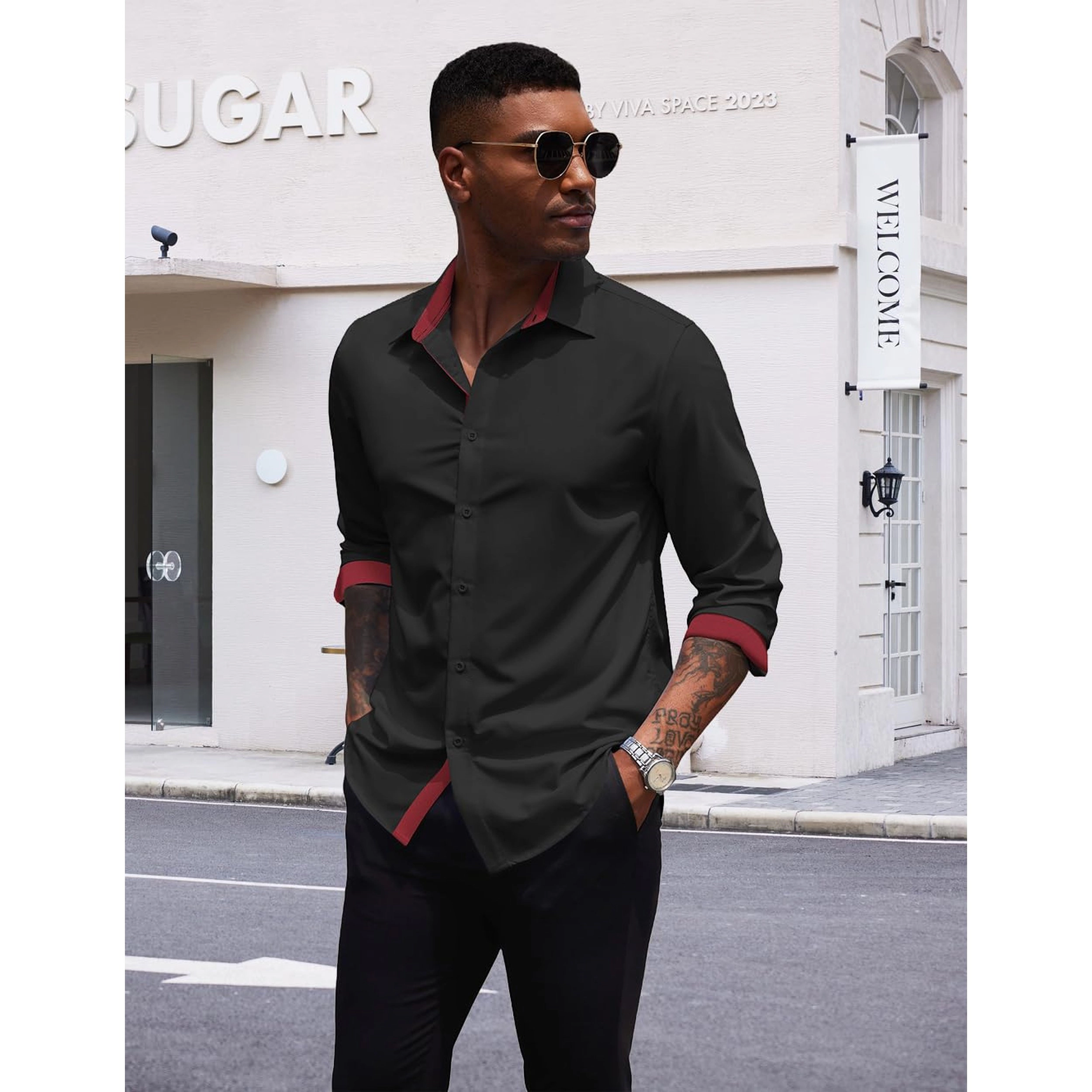 COOFANDY Mens Contrast Collar Long Sleeve Shirt Button Down Dressy Casual Fall Top